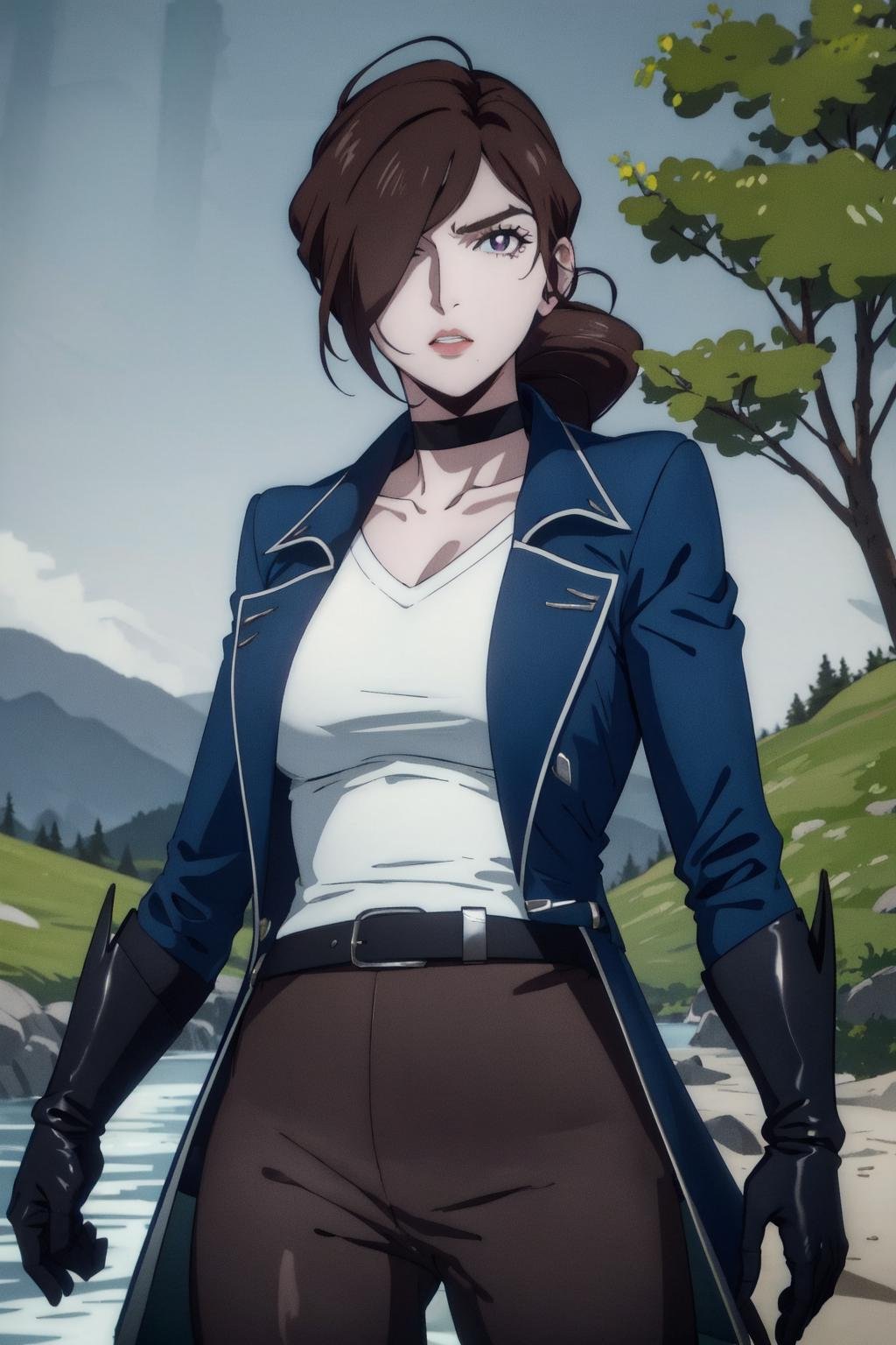 julia belmont,1girl,solo, blue sky, nature, river, upper body, black gloves, (black belt,multiple belts), purple eyes,arms at sides, white shirt, blue long coat, black choker, short hair, short ponytail, brown hair,standing,hair over one eye,(brown pants),  (best quality, masterpiece)  <lora:julia_belmont_v1:1>