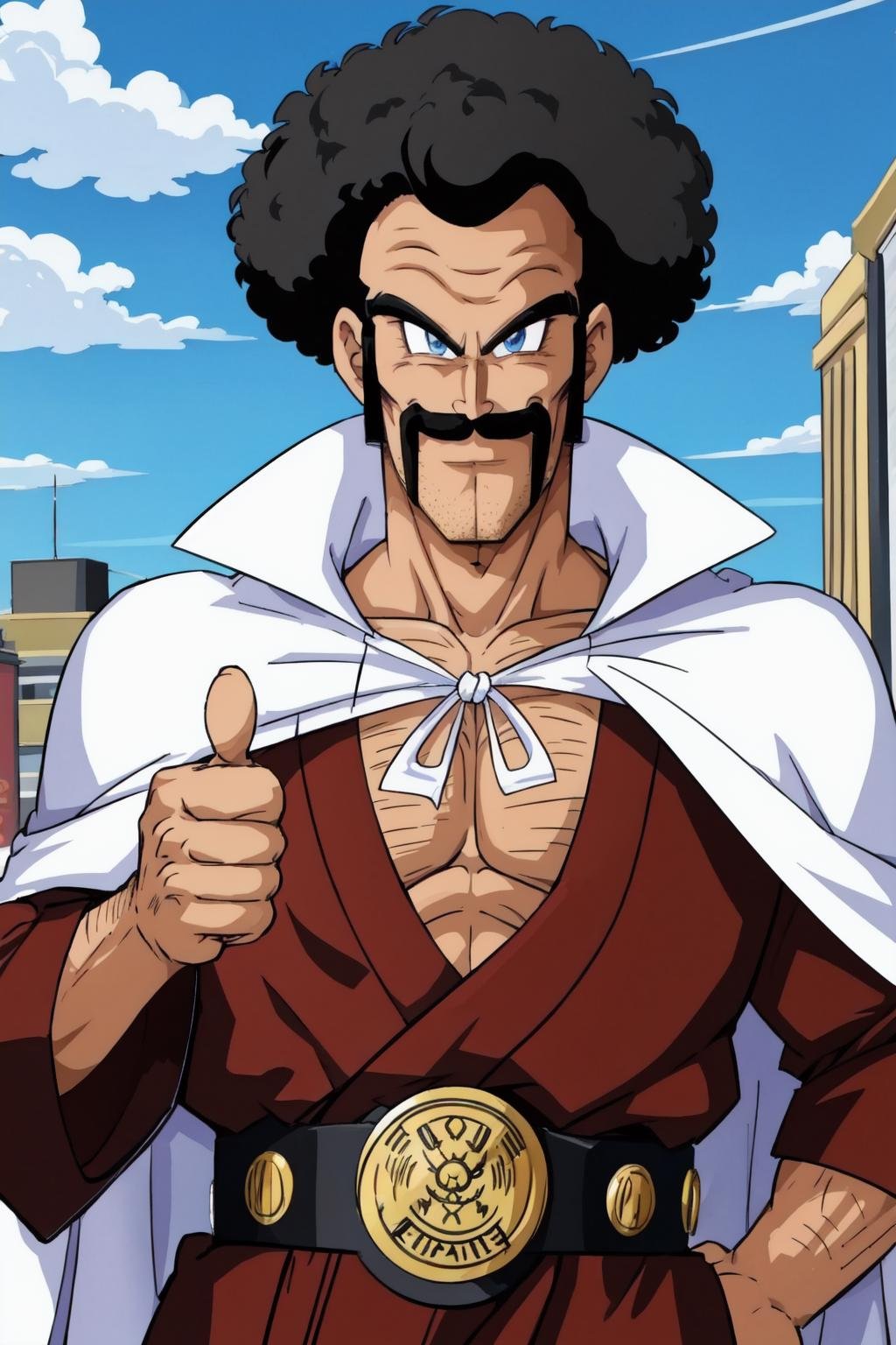 mr satan,1boy, solo,upper body, black hair,blue eyes, brown dougi,black championship belt,black belt,slight smile,looking at viewer,mustache,afro,white cape, sky, city in the background,,thumbs up,pectoral cleavage,looking at viewer,chest hair,muscular male,(best quality, masterpiece)  <lora:mrsatan_v1:1>