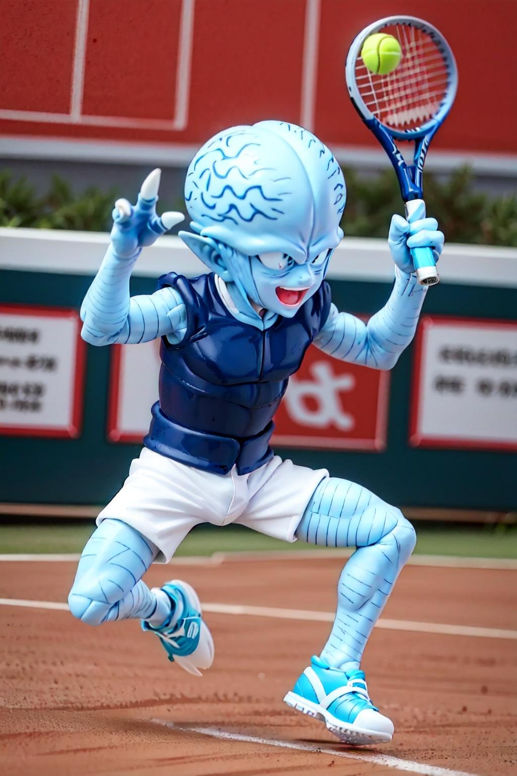 saibaimen, alien, (AS-YoungestV2:1.2),(light blue skin:1.3), light blue sclera,white claws, claws, playing tennis, white shorts, white t-shirt, short sleeves, tennis court, white visor,happy, white tennis shoes, (best quality, masterpiece) <lora:saibaimen_v1:1> 