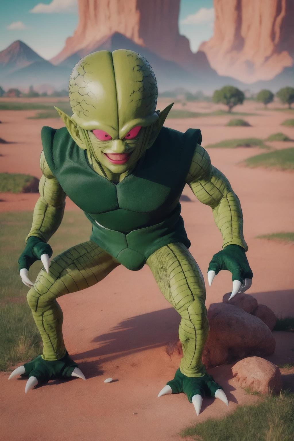 <lora:saibaimen_v1:1>  saibaimen, alien,solo, green torso, light green skin,pink sclera,black eyes, full body,evil smile, white claws,claws,bald,looking at viewer, grass, blue sky,mountain, (best quality, masterpiece,realistic, photorealistic) <lora:hipoly_3dcg_v7-epoch-000012:0.5> 