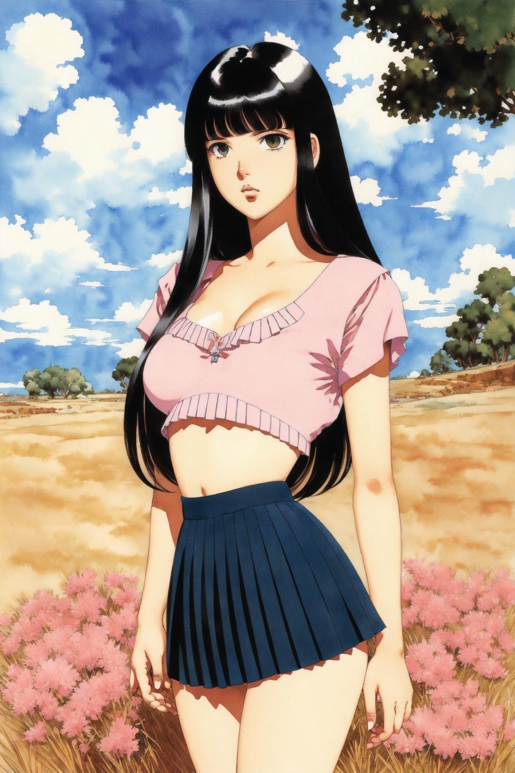 <lora:akihiro_yamada_v1_cs1:1>  akihiro yamada, finely detailed, detailed illustration,intricate,sky,green grass, tree,solo,1girl,pink t-shirt, crop top, black pleated skirt,mini skirt,(pink eyes),black hair,blunt bangs,standing, surprised,looking afar, medium breasts,plateau,long hair,cleavage,( hand on forehead:1.4,salute), open mouth,looking to the side,(arm at side), (best quality, masterpiece) , (watercolor \(medium\):1.15), (thick lines), (flat color)