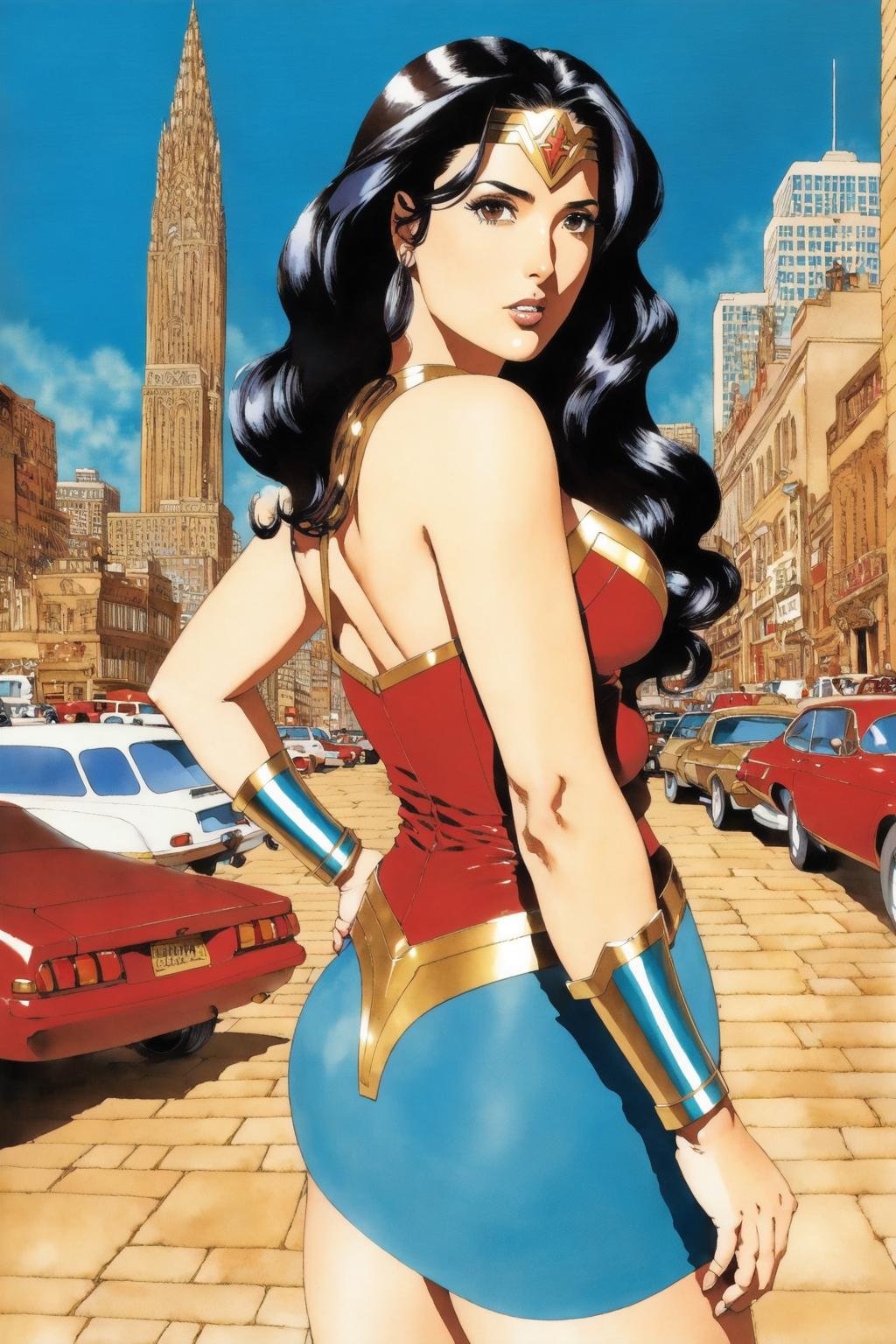 <lora:akihiro_yamada_v1_cs1:1>akihiro yamada,upper body, detailed face,detailed eyes,looking back, from side,looking at viewer,ass,(Salma Hayek as Wonder Woman),city, streets,cars,sky, (best quality, masterpiece) , (watercolor \(medium\):1.15),(thick lines),(flat color)