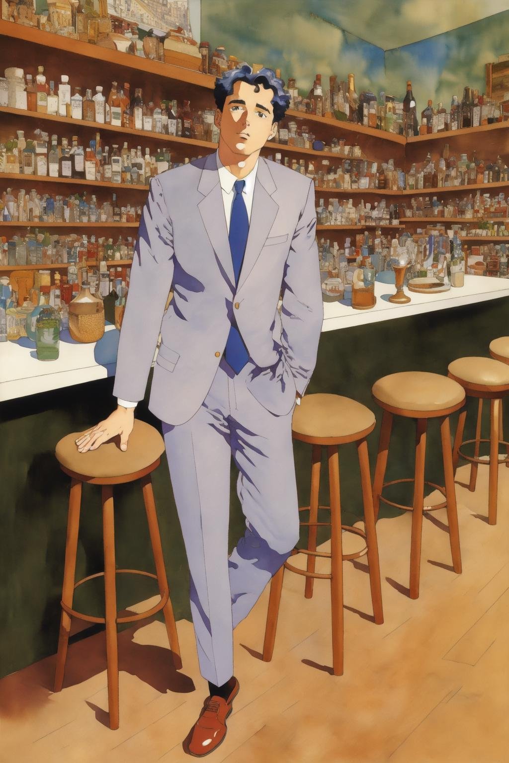 <lora:akihiro_yamada_v1_cs1:1>  akihiro yamada,1boy ,grey suit, grey blazer, grey pants, black necktie, white collared shirt,indoors,bar, shelves, bottles, stool, counter, (best quality, masterpiece) , (watercolor \(medium\):1.15),(thick lines),(flat color)