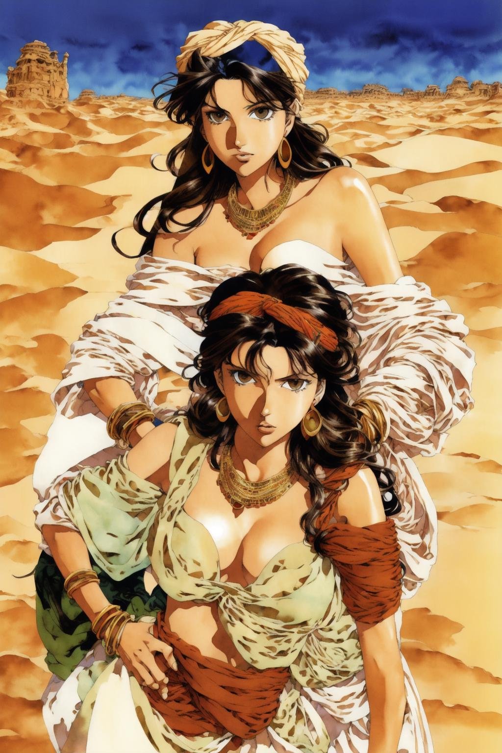 watercolor \(medium\),flat color,thick lines, akihiro yamada, desert, 1girl, 1boy, turban, earrings, necklace, bracelet, brown eyes, black hair, brown hair, hand on hip, cleavage, long hair, (best quality, masterpiece)