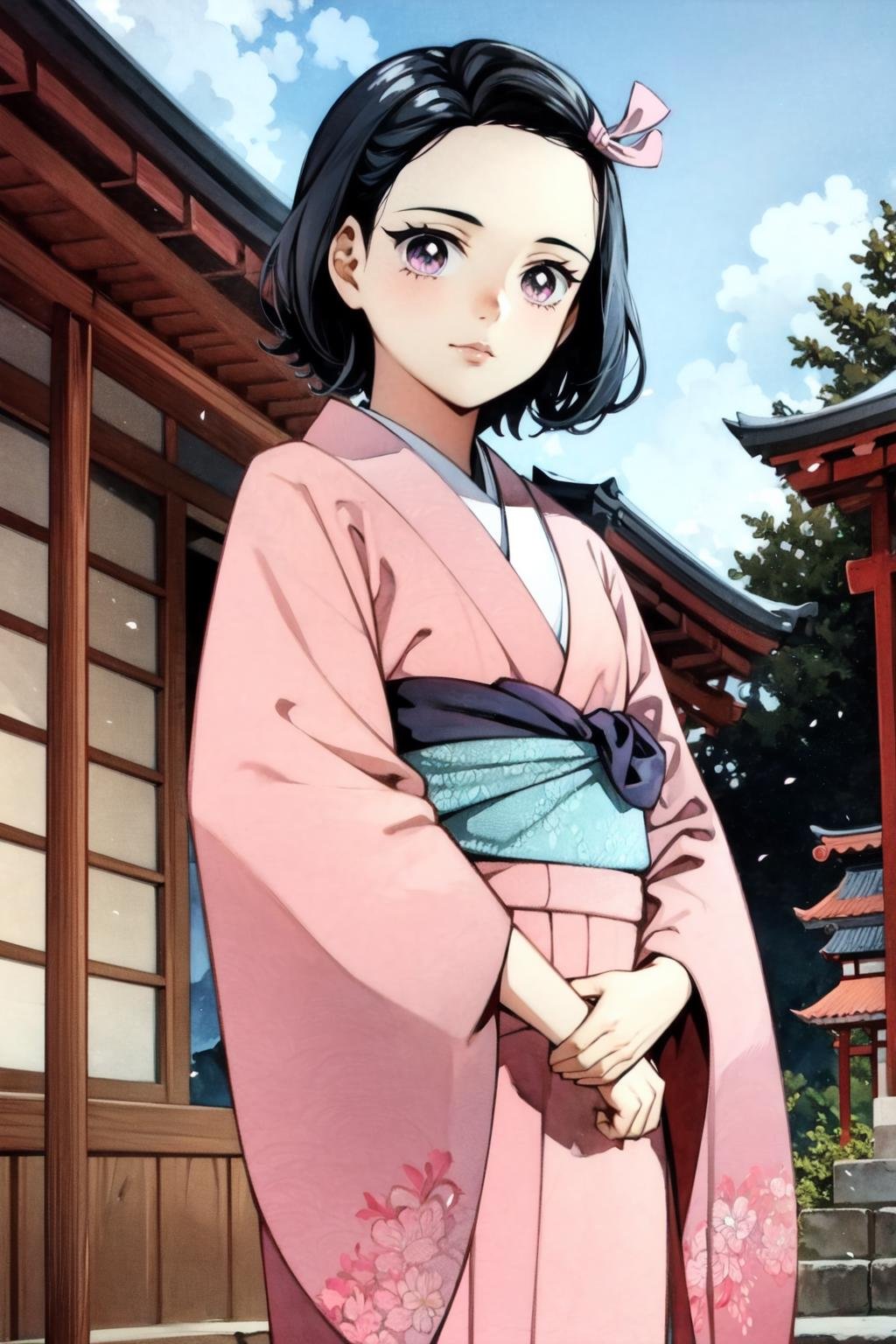 (watercolor \(medium\):1.2),flat color, akihiro yamada,nezukorps,1girl, solo,cowboy shot,black hair, short hair,purple eyes,white pupils,small breasts,pink kimono,(pink hair ribbon:1.1),slight smile,looking at viewer,forest,japanese architecture, shrine in the background, sky, pink petals,hand up,arm at side,nose,lips, (best quality, masterpiece) <lora:nezukorps_v1:1>  <lora:akihiro_yamada_v1_cs2:1> 