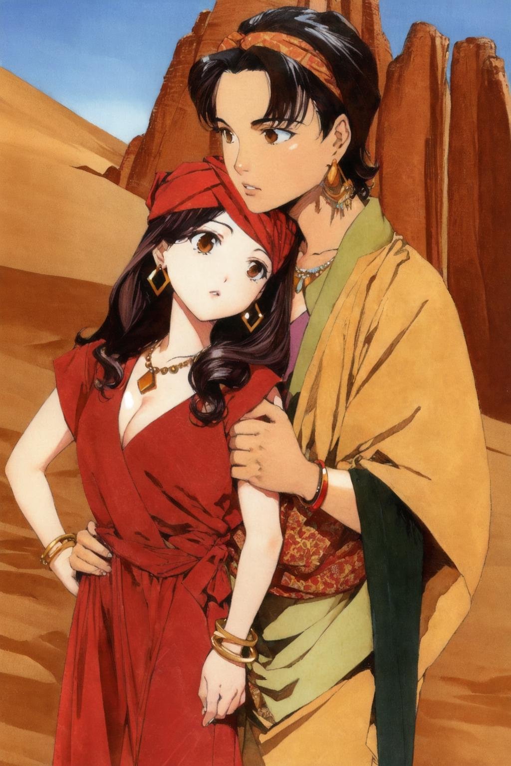 watercolor \(medium\),flat color,thick lines, akihiro yamada, desert, 1girl, 1boy, turban, earrings, necklace, bracelet, brown eyes, black hair, brown hair, hand on hip, cleavage, long hair, (best quality, masterpiece)