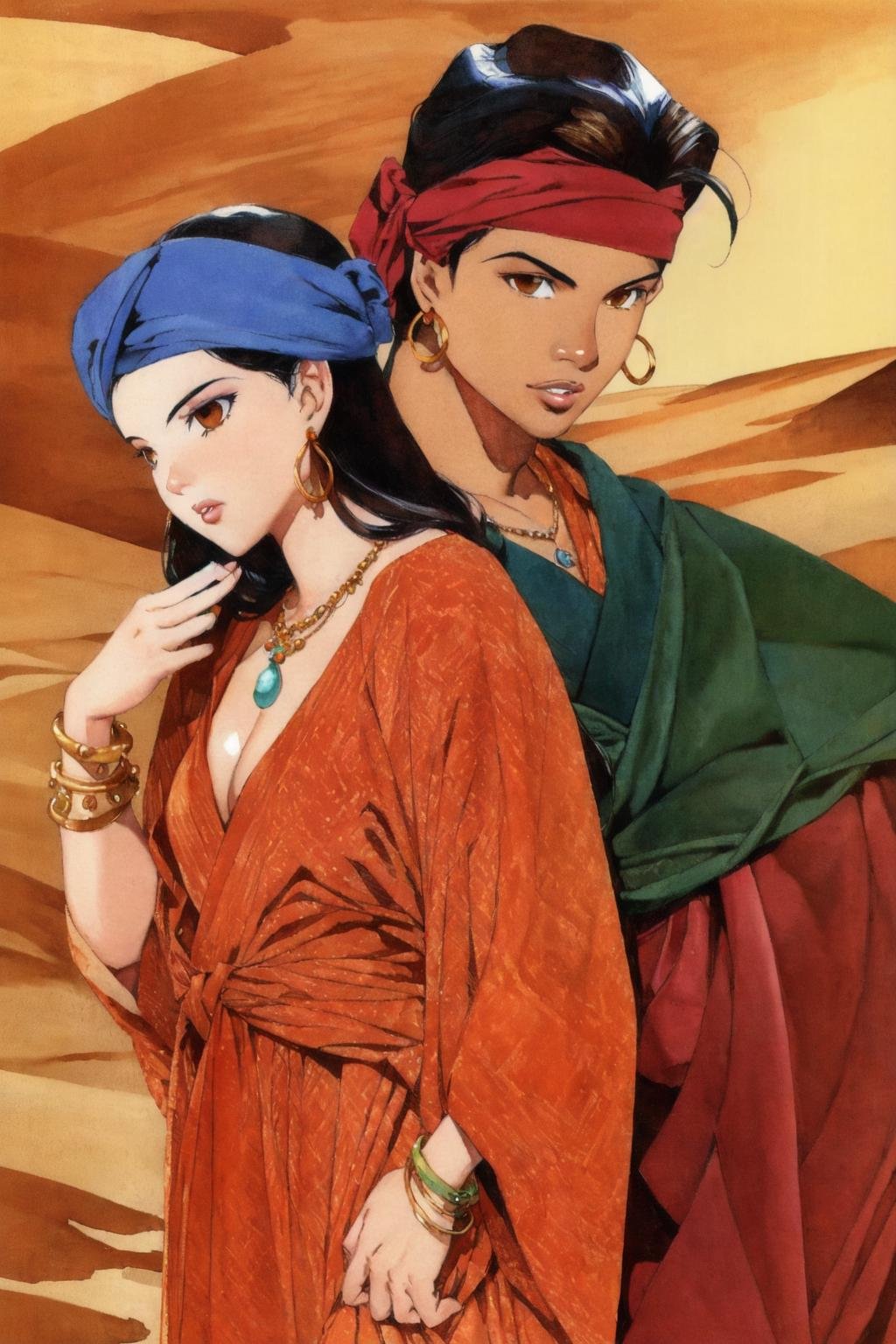 watercolor \(medium\),flat color,thick lines, akihiro yamada, (desert),outdoors, 1girl, (1boy), turban, earrings, necklace, bracelet, brown eyes, black hair, brown hair, hand on hip, cleavage, long hair,nose,lips,dark skin, (best quality, masterpiece) <lora:akihiro_yamada_v1_cs2:1> 