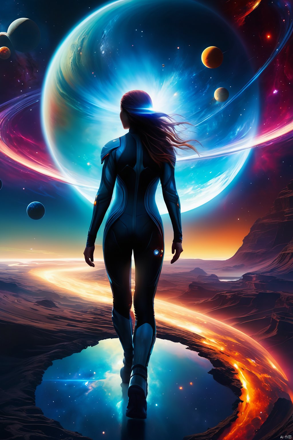 Mysterious figure walking down an epic winding path through space nebula planets sun by Raymond Swanland :: Anna Dittmann :: Anne Stokes :: Greg Olsen :: photorealistic :: hyperdetailed :: vibrant deep colors