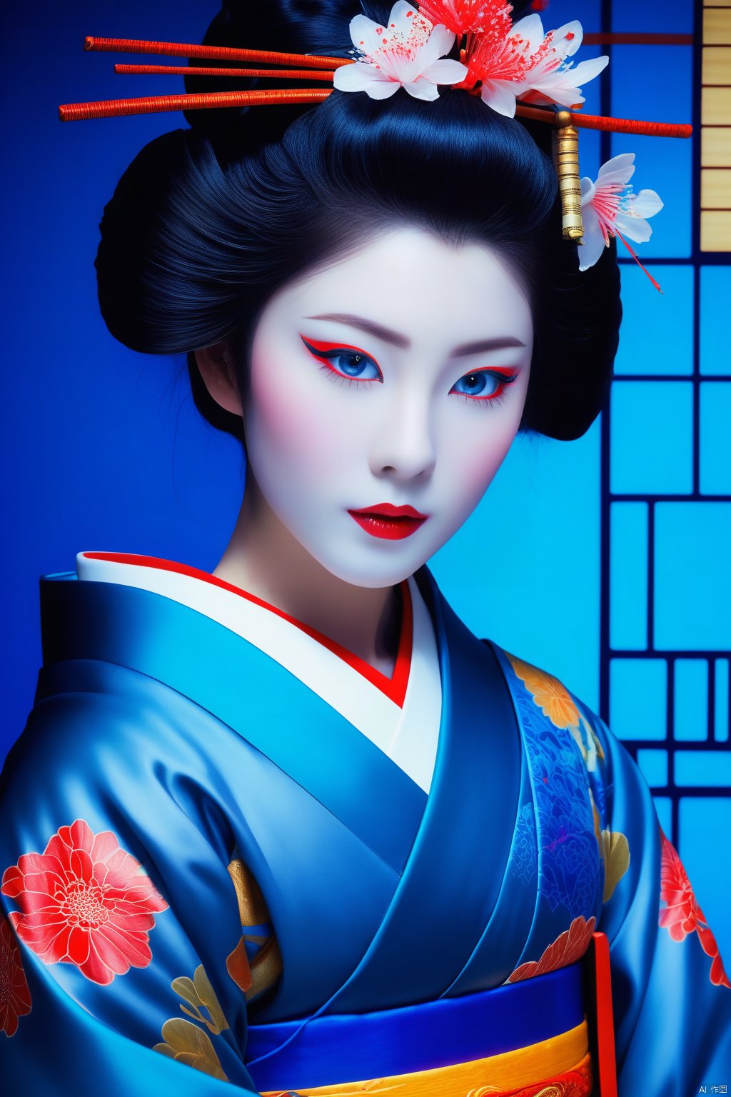 breathtaking (looking at viewer:1.3), (Geisha with Blue eyes:1.1) (Geisha portrait:1.2), Japanese cityscape background, light rays, backlit, vivid colors, vibrant colors, intricate details, intricate line drawing, masterpiece  , masterpiece, award-winning, professional, highly detailed