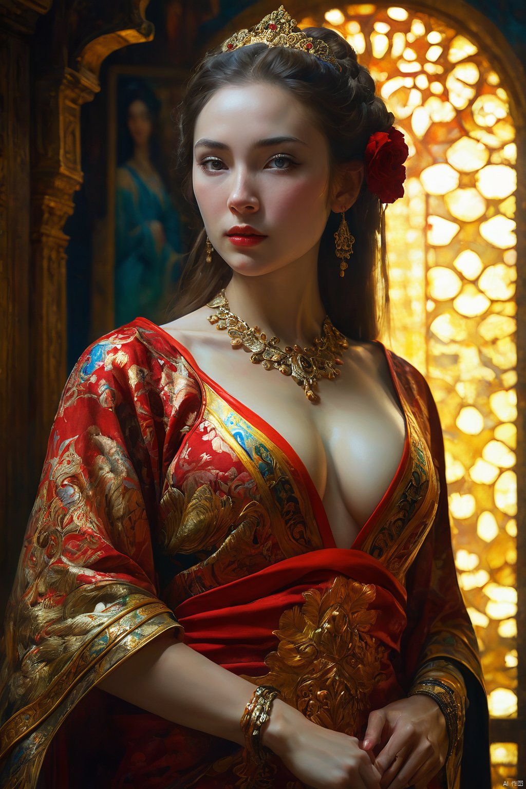 portrait half body female Russian concubine with slim curvy body painting by gaston bussiere, greg rutkowski, yoji shinkawa, yoshitaka amano, tsutomu nihei, donato giancola, tim hildebrandt, oil on canvas, trending on artstation, featured on pixiv, cinematic composition, extreme detail, metahuman creator