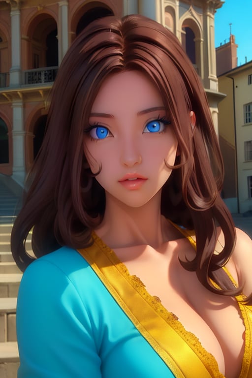 Kaoru is a beautiful young woman of 21 years old. ((Brown hair)), ((blue eyes)), tanned skin. in the background the rococo architecture. Interactive, highly detailed image., niji, Color Booster, kaoru itou