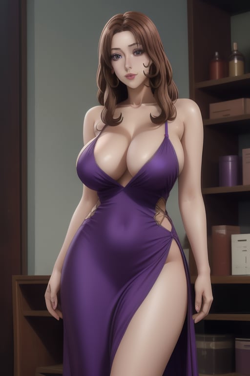 kaoru itou, is a beautiful woman, 19 years old, long wavy brown hair, brown eyes, pale taupe skin color, big breasts, wide hips, wide thighs. She wears an Arab fantasy dress in various shades of purple.  1girl, kaoru itou, sciamano240