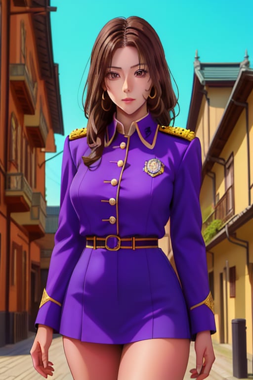 Kaoru is a beautiful young woman of 21 years old. Brown hair, brown eyes, tanned skin. her wears a purple uniform, in the background the rococo architecture. Interactive, highly detailed image., niji, Color Booster, kaoru itou