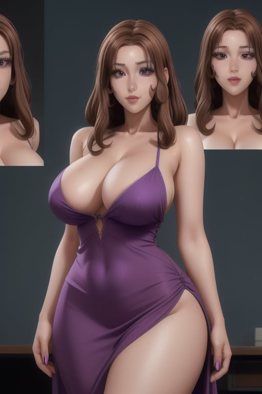 kaoru itou, is a beautiful woman, 19 years old, long wavy brown hair, brown eyes, pale taupe skin color, big breasts, wide hips, wide thighs. She wears a purple fantasy dress. ((detailed face)). 1girl, kaoru itou, sciamano240