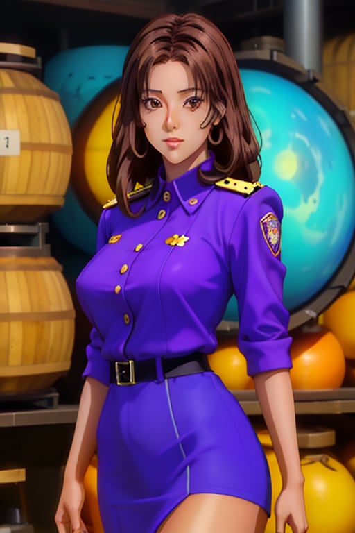 Kaoru is a beautiful young woman of 21 years old. Brown hair, brown eyes, tanned skin. her wears a purple uniform, in the background the cideral space. Interactive, highly detailed image., niji, Color Booster, kaoru itou