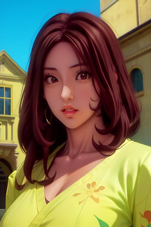 Kaoru is a beautiful young woman of 21 years old. ((Brown hair)), ((brown eyes)), tanned skin. in the background the rococo architecture. Interactive, highly detailed image., niji, Color Booster, kaoru itou