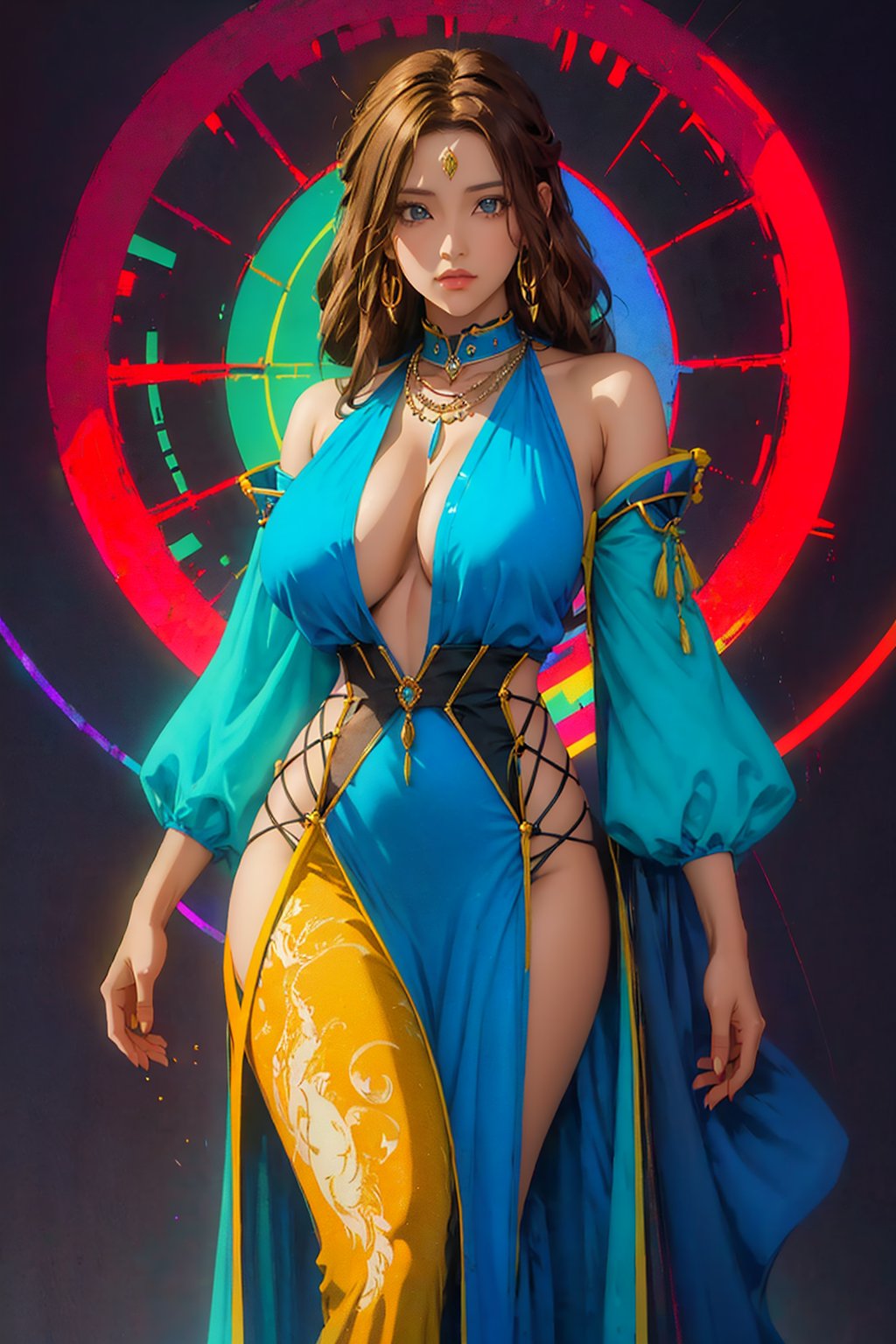 1girl, solo, Kaoru Itou, oil painting, impasto, looking at viewer, a beautiful woman with tanned skin, 18 years old, she has brown hair, blue eyes, a beautiful face. She has a  big breasts, wide hips, wide thighs. tribal necklace, ((fantasy full_color outfit)), ((full_color psychedelic  background)), masterpiece, nijistyle, niji, sciamano240, soft shading, 1girl, kaoru itou