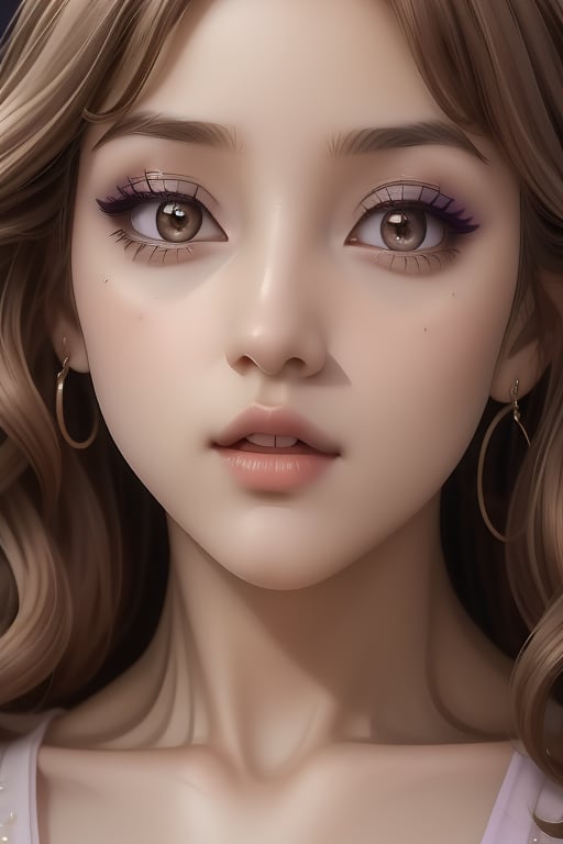 kaoru itou, is a beautiful woman, 19 years old, long wavy brown hair, brown eyes, ((detailed face)). pale taupe skin color, big breasts, wide hips, wide thighs.  purple fantasy dress.  1girl, kaoru itou, sciamano240