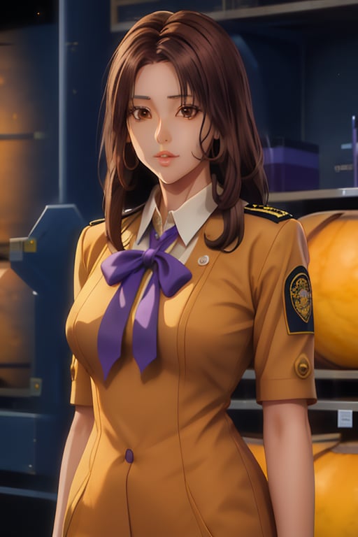 Kaoru is a beautiful young woman of 21 years old. Brown hair, brown eyes, tanned skin. her wears a lavender uniform, in the background the cideral space. Interactive, highly detailed image., niji, Color Booster, kaoru itou