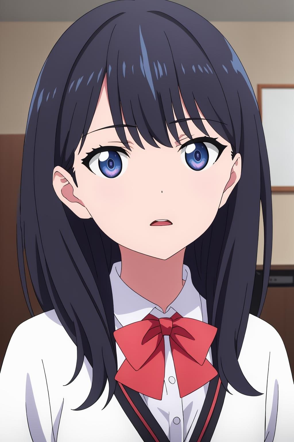 ((best quality)),((highly detailed)),masterpiece,absurdres,detailed face,beautiful face,(detailed eyes, deep eyes),1girl,((dynamic pose)) ,   <lora:RikkaV1:0.7>, Rikka, black hair, solo, blue eyes, long hair, bow, red bow, school uniform, bowtie, bangs, red bowtie, shirt, collared shirt, white shirt, cardigan, portrait, open mouth, white cardigan, looking at viewer, looking to the side, parted lips, sweater, upper body, white sweater, wing collar, close-up, indoors, looking away