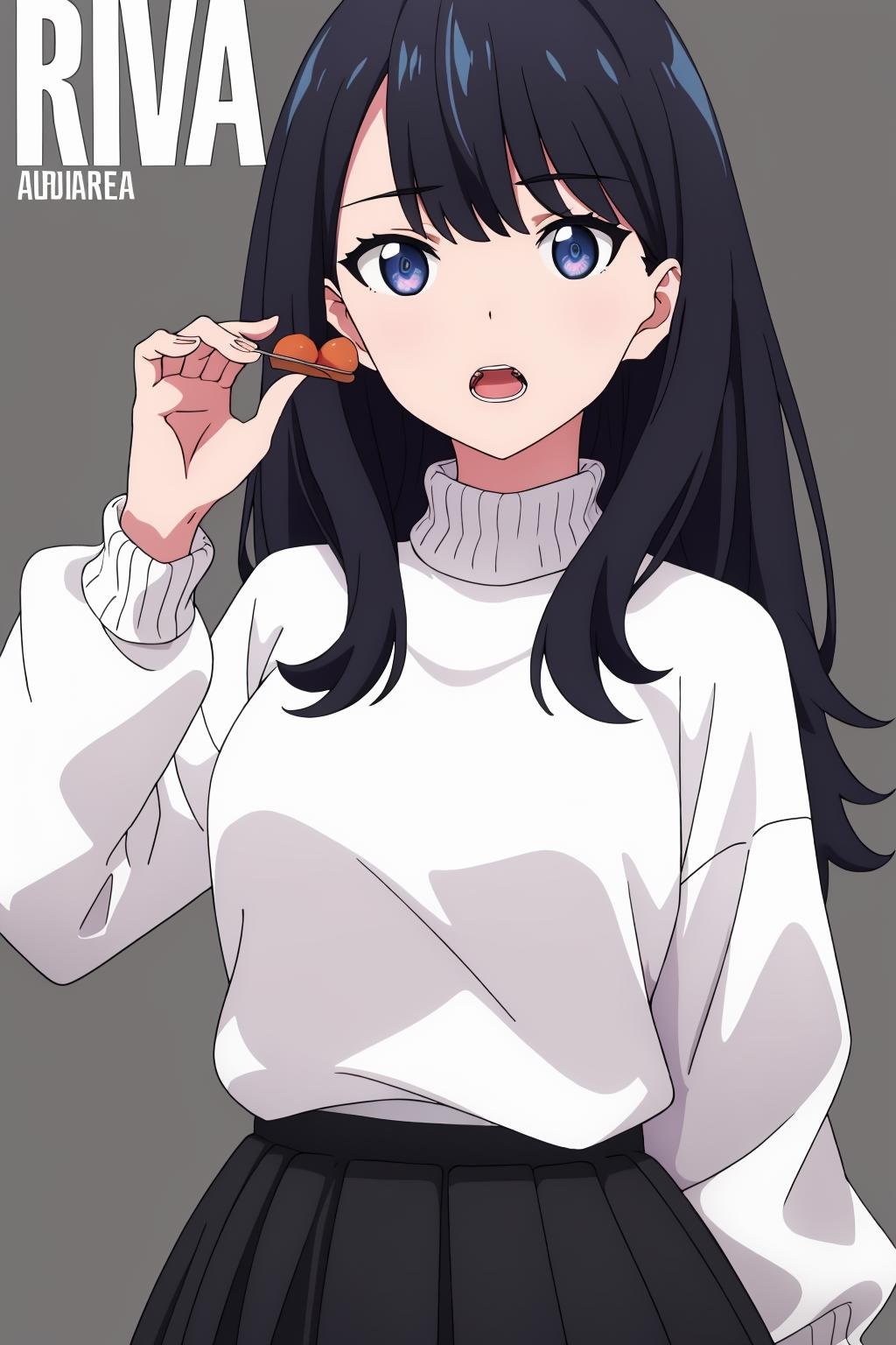 ((best quality)),((highly detailed)),masterpiece,absurdres,detailed face,beautiful face,(detailed eyes, deep eyes),1girl,((dynamic pose)) ,   <lora:RikkaV1:0.7>, Rikka, food, blue eyes, solo, black hair, sweater, long hair, jacket, white sweater, looking at viewer, open mouth, holding, bangs, long sleeves, grey background, open clothes, simple background, upper body, teeth, character name, hand up, black skirt, skirt