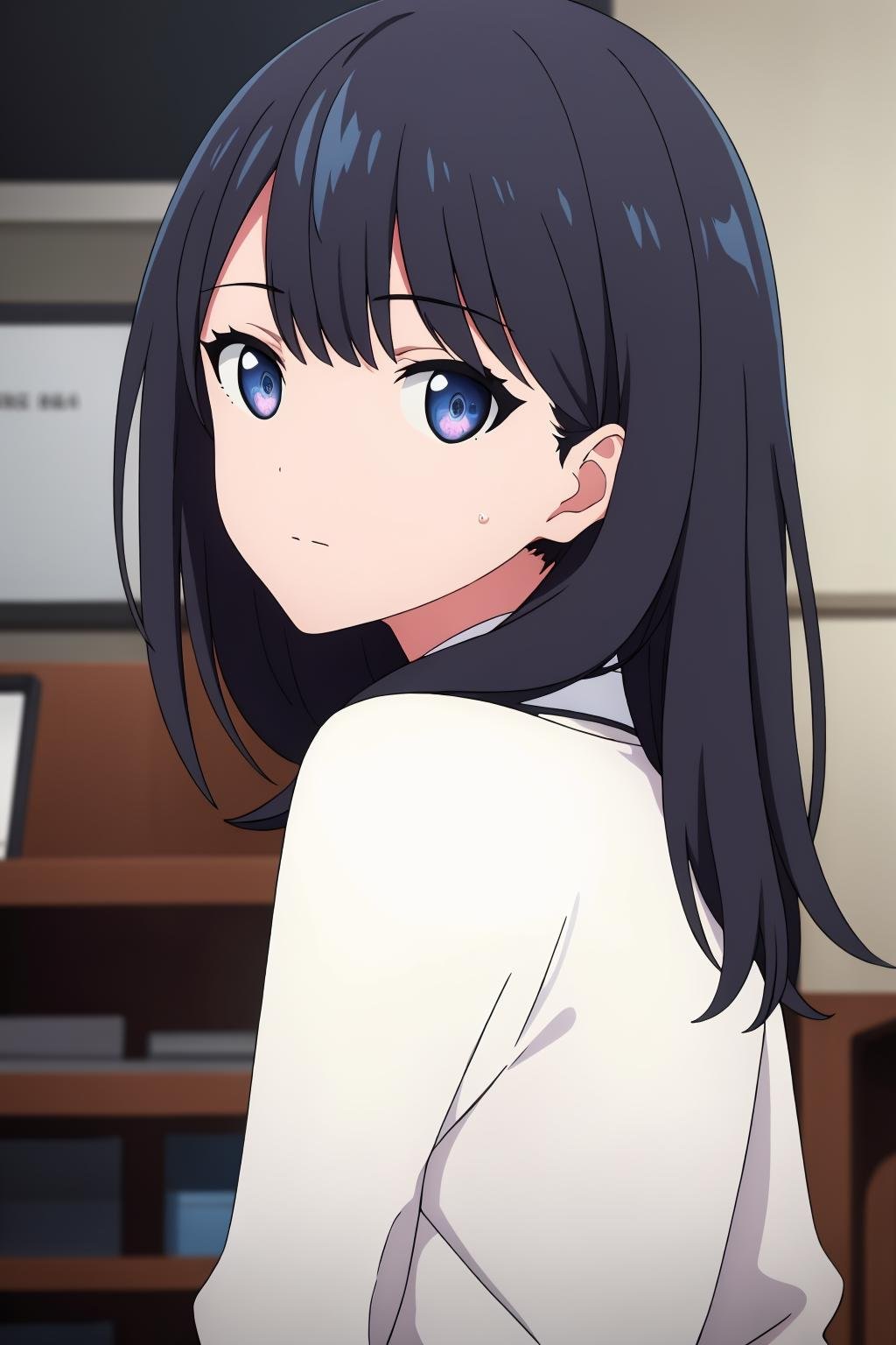 ((best quality)),((highly detailed)),masterpiece,absurdres,detailed face,beautiful face,(detailed eyes, deep eyes),1girl,((dynamic pose)) ,   <lora:RikkaV1:0.7>,Rikka, solo, black hair, blue eyes, long hair, upper body, bangs, looking back, cardigan, indoors, school uniform, blurry, blurry background, closed mouth, white cardigan, from behind, looking at viewer, expressionless, white shirt, long sleeves, shirt, sweater, white sweater, depth of field, looking to the side, jacket