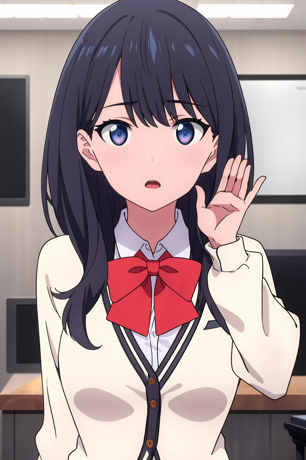 ((best quality)),((highly detailed)),masterpiece,absurdres,detailed face,beautiful face,(detailed eyes, deep eyes),1girl,((dynamic pose)) ,   <lora:RikkaV1:0.7>, Rikka, blue eyes, black hair, bow, red bow, long hair, solo, cardigan, bowtie, shirt, white shirt, school uniform, bangs, red bowtie, white cardigan, collared shirt, looking at viewer, indoors, open mouth, upper body, sweater, white sweater, :o, wing collar, chair, blurry, desk