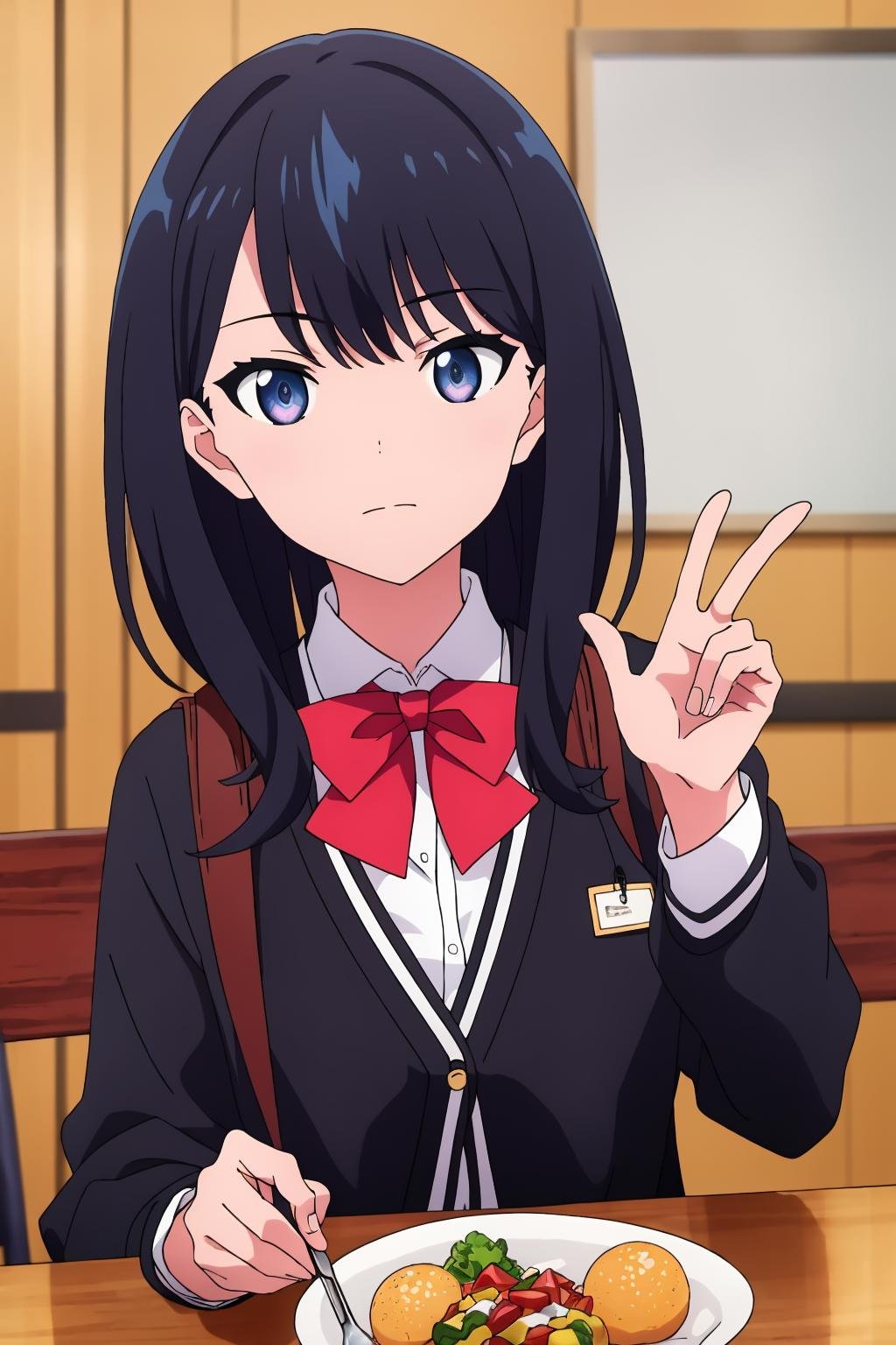 ((best quality)),((highly detailed)),masterpiece,absurdres,detailed face,beautiful face,(detailed eyes, deep eyes),1girl,((dynamic pose)) ,   <lora:RikkaV1:0.7>,Rikka, black hair, blue eyes, long hair, bow, red bow, solo, cardigan, bag, white cardigan, white shirt, shirt, bangs, upper body, bowtie, school uniform, collared shirt, red bowtie, closed mouth, white sweater, backpack, sweater, expressionless, food, long sleeves, indoors, wing collar, jacket, scrunchie