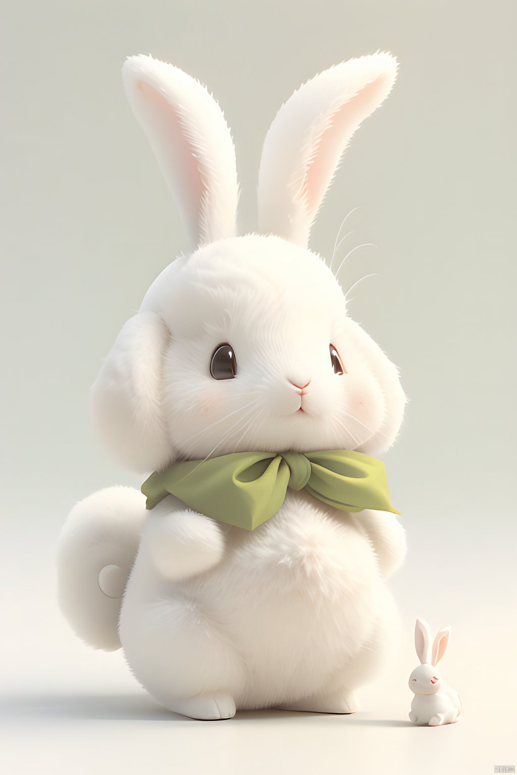 A cute white rabbit, green background, 3D, simple composition,plush