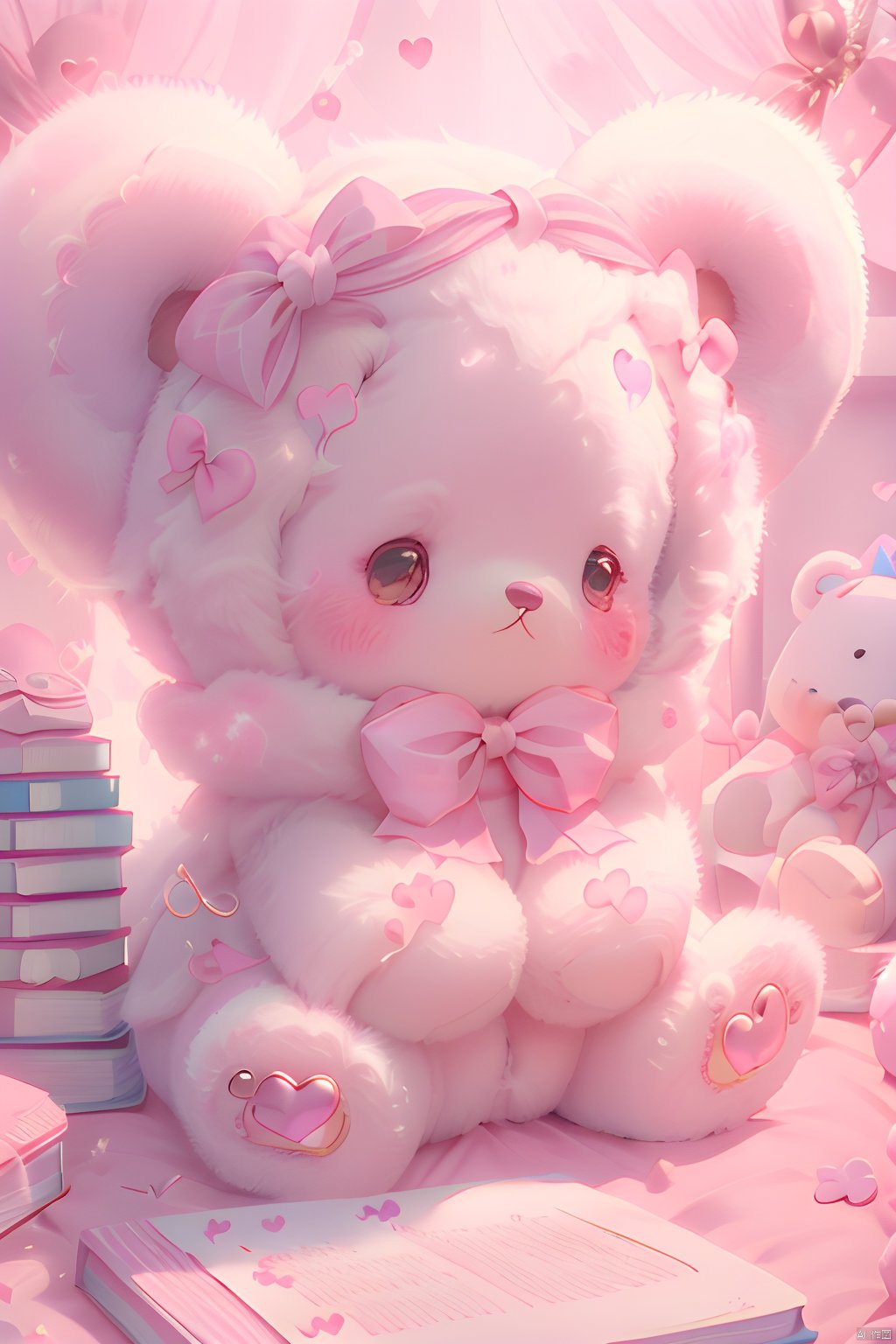 stuffed animal, teddy bear, stuffed toy, book, bow, blush, bowtie, looking at viewer, pink bow, closed mouth, solo, heart, A dream scene,plush