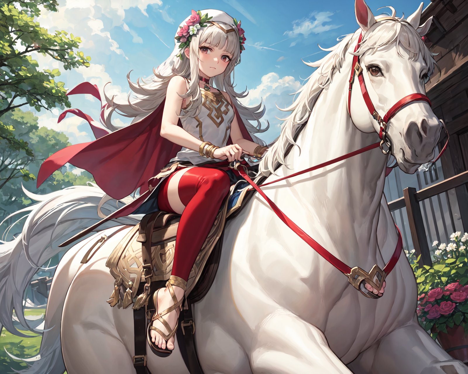 (from below:1.2),<lora:veronicaV2:0.8>,val_veronica,,(white horse,riding a white horse,saddle,reins:1.1),  flower pot, dress, closed mouth,pelvic curtain, flower,jewelry, red thighhighs, sandals, toes, looking at viewer, choker, gold trim, bracelet, gradient clothes, sleeveless, bare shoulders,white dress, cape, toeless footwear, short dress, sleeveless dress, long dress, red miniskirt, outdoors,(masterpiece, best quality, ultra-detailed, best shadow)