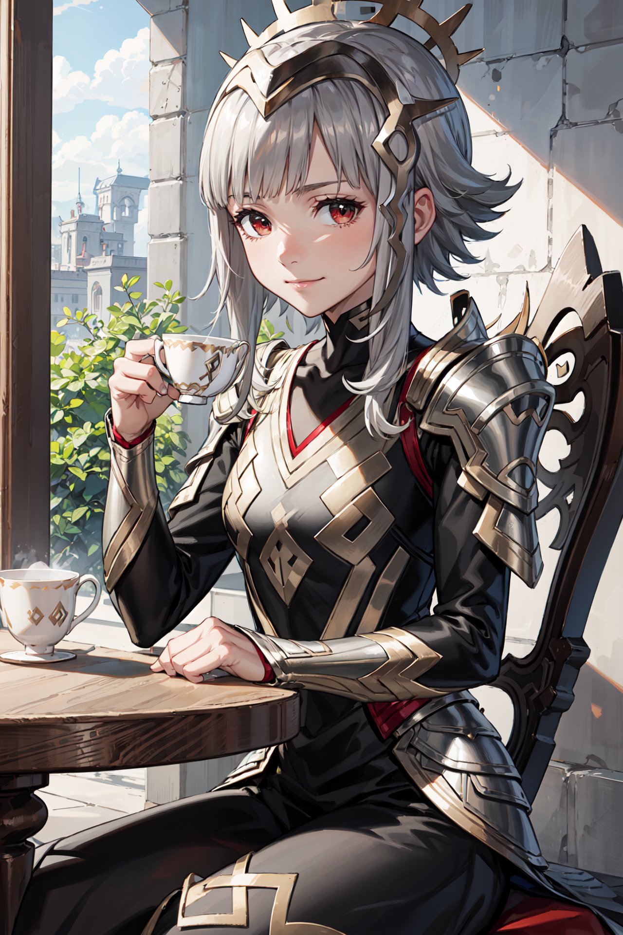 ,table,sitting on chair,tea cup,<lora:veronicaV2:0.9>, (short hair:1.2),light smile,drinking,leg_veronica,black dress, closed mouth, long dress, looking at viewer, gold trim, black wings,shoulder armor, long sleeves, armor, feather trim, feathered wings, expressionless,jewelry, collarbone, outdoors,(masterpiece, best quality, ultra-detailed, best shadow)