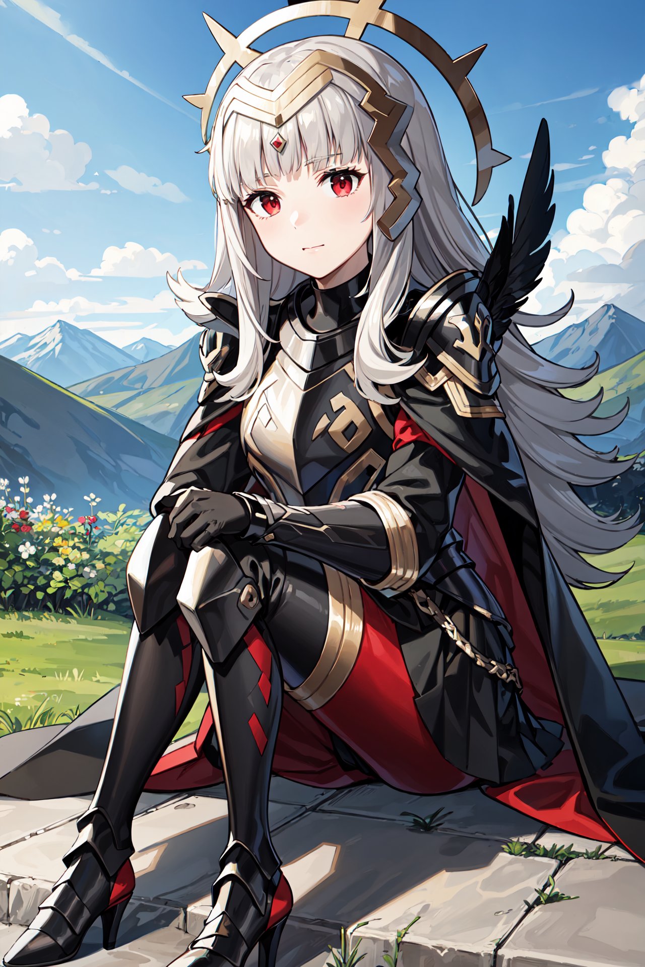 slouching,heads together,<lora:veronicaV2:0.85>,bra_veronica, armor,black armor, feathers,cape, closed mouth, black gloves,  shoulder armor, breastplate, high heels, armored boots, black long sleeves, feather trim, white wide sleeves, gauntlets, , black dress, thighhighs, red pantyhose, greaves, black skirt, mountain,sky,(masterpiece, best quality, ultra-detailed, best shadow)