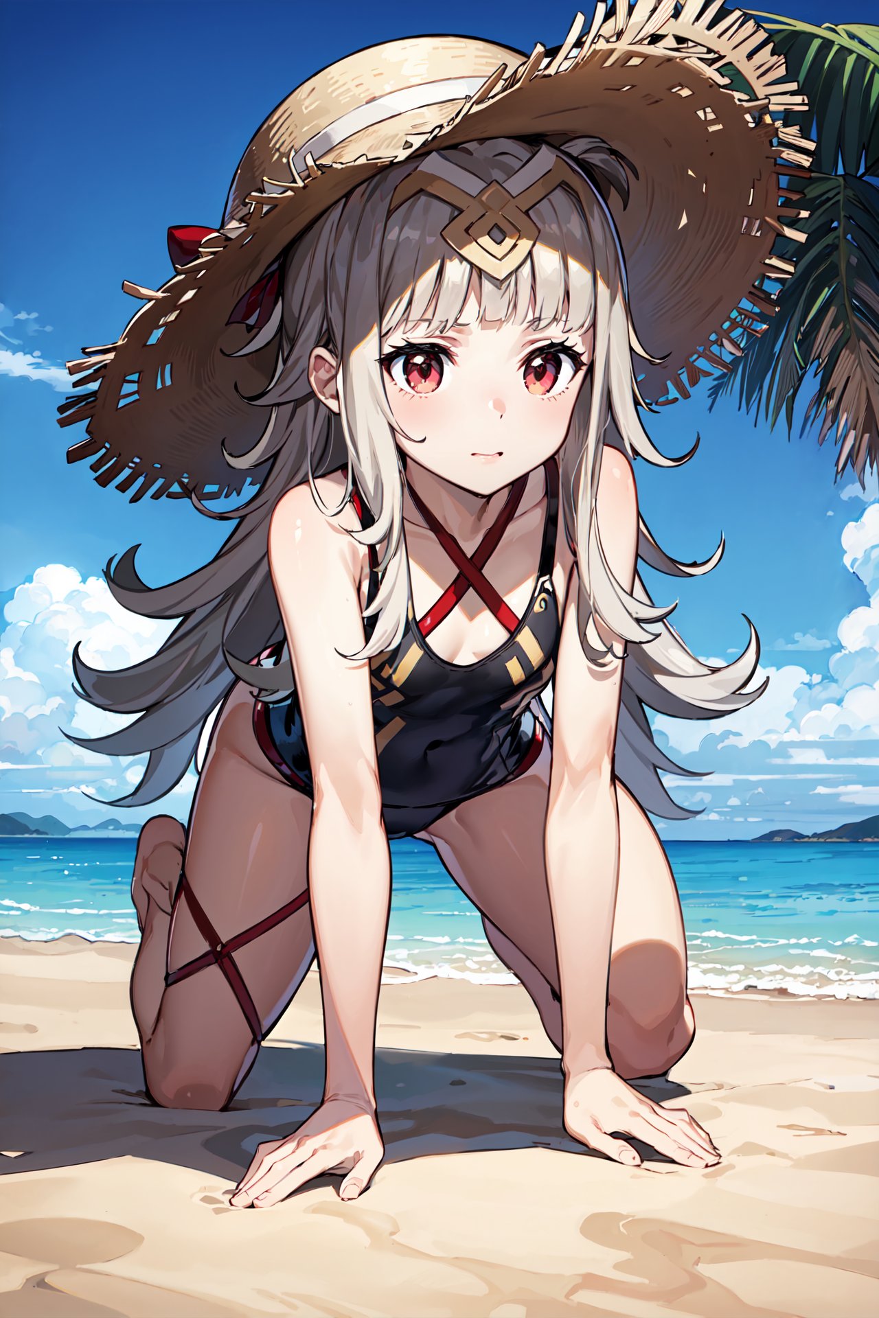 crawling,character focus,swimsuit,straw hat,<lora:veronicaV2:0.8>,def_veronica,small breast,beach,(masterpiece, best quality, ultra-detailed, best shadow)