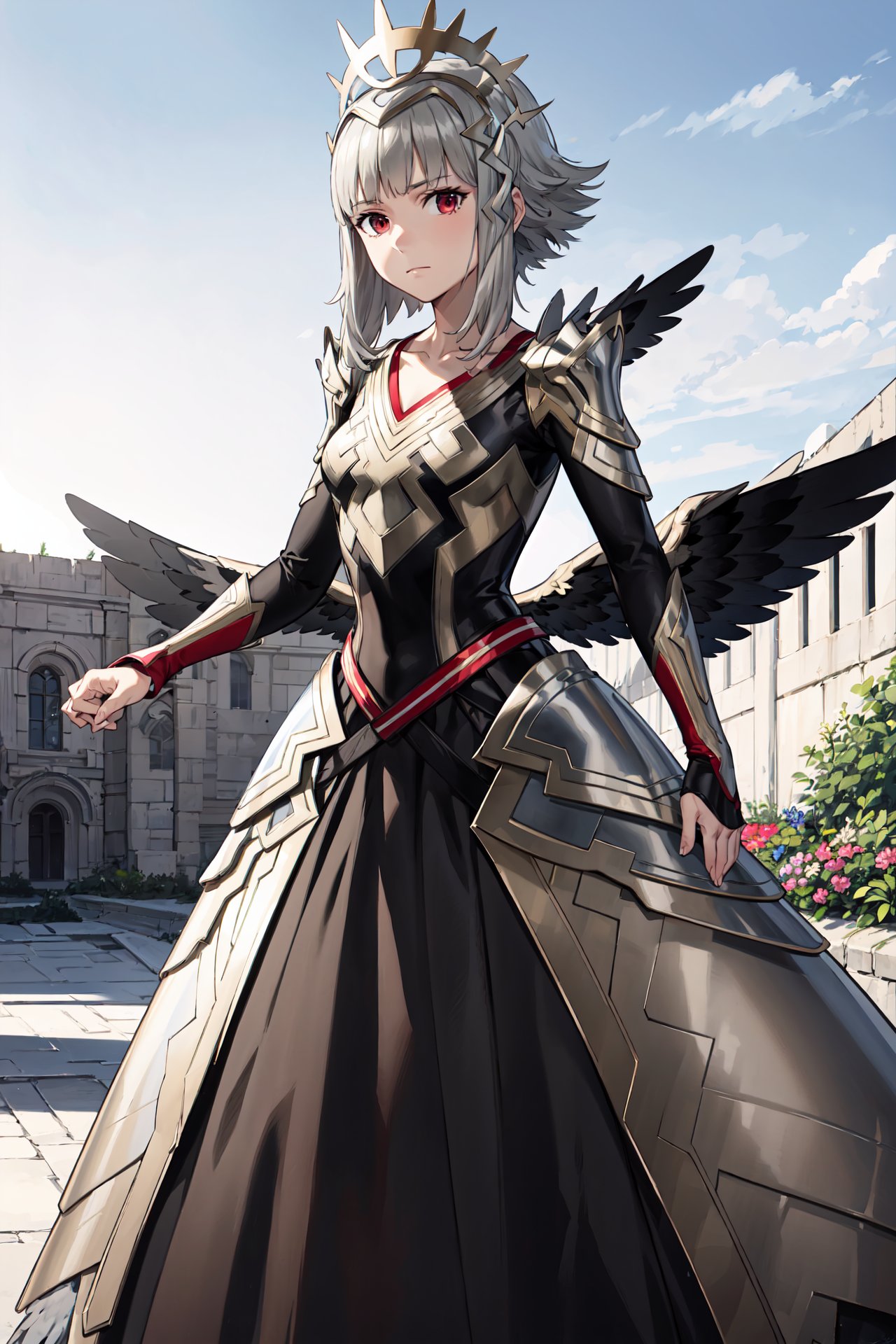 <lora:veronicaV3:0.9>,leg_veronica,black dress, closed mouth, long dress, looking at viewer, gold trim, black wings,shoulder armor, long sleeves, armor, feather trim, feathered wings, expressionless,jewelry, collarbone, outdoors,(masterpiece, best quality, ultra-detailed, best shadow)