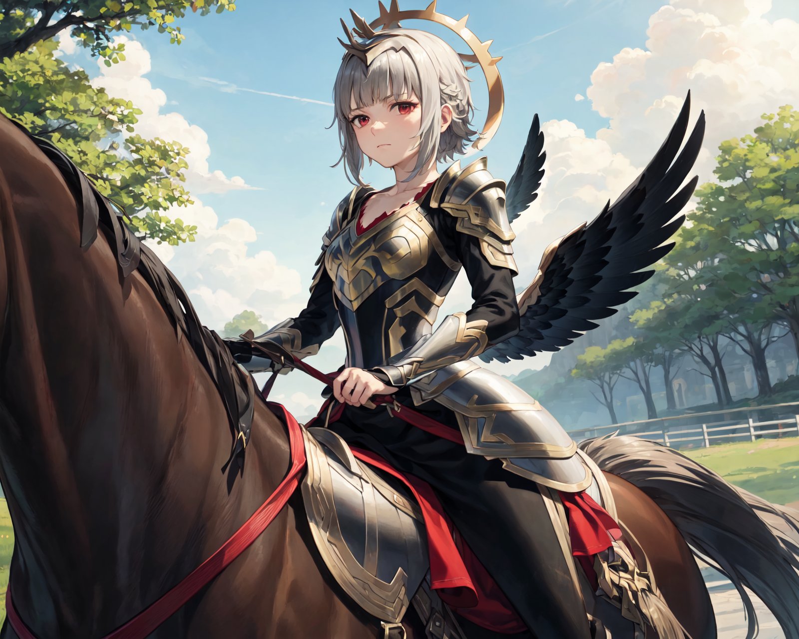 <lora:veronicaV2:0.8>, short hair,(horse,riding a horse,saddle,reins:1.1),,leg_veronica,black dress, closed mouth, long dress, looking at viewer, gold trim, black wings,shoulder armor, long sleeves, armor, feather trim, feathered wings, expressionless,jewelry, collarbone, outdoors,(masterpiece, best quality, ultra-detailed, best shadow)