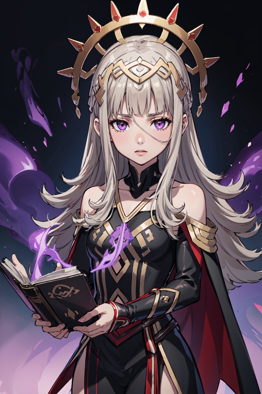 (purple aura:1.5),(holding book ,dark:1.2),, <lora:veronicaV2:0.85>,def_veronica,upper body,crown,  clothing cutout,  dress,red high heels, cape,  black dress,  looking at viewer,black pants, detached sleeves, gold trim, long sleeves, bodystocking,pelvic curtain, jewelry, red cape, bare shoulders, bridal gauntlets,(masterpiece, best quality, ultra-detailed, best shadow)