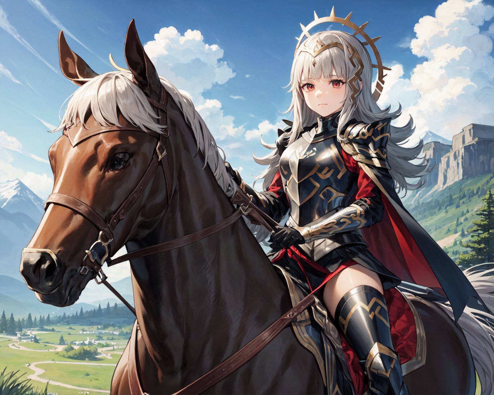 <lora:veronicaV2:0.8>,bra_veronica,,(horse,riding a horse,saddle,reins:1.1), armor,black armor, feathers,cape, closed mouth, black gloves,  shoulder armor, breastplate, high heels, armored boots, black long sleeves, feather trim, white wide sleeves, gauntlets, , black dress, thighhighs, red pantyhose, greaves, black skirt, mountain,sky,(masterpiece, best quality, ultra-detailed, best shadow)