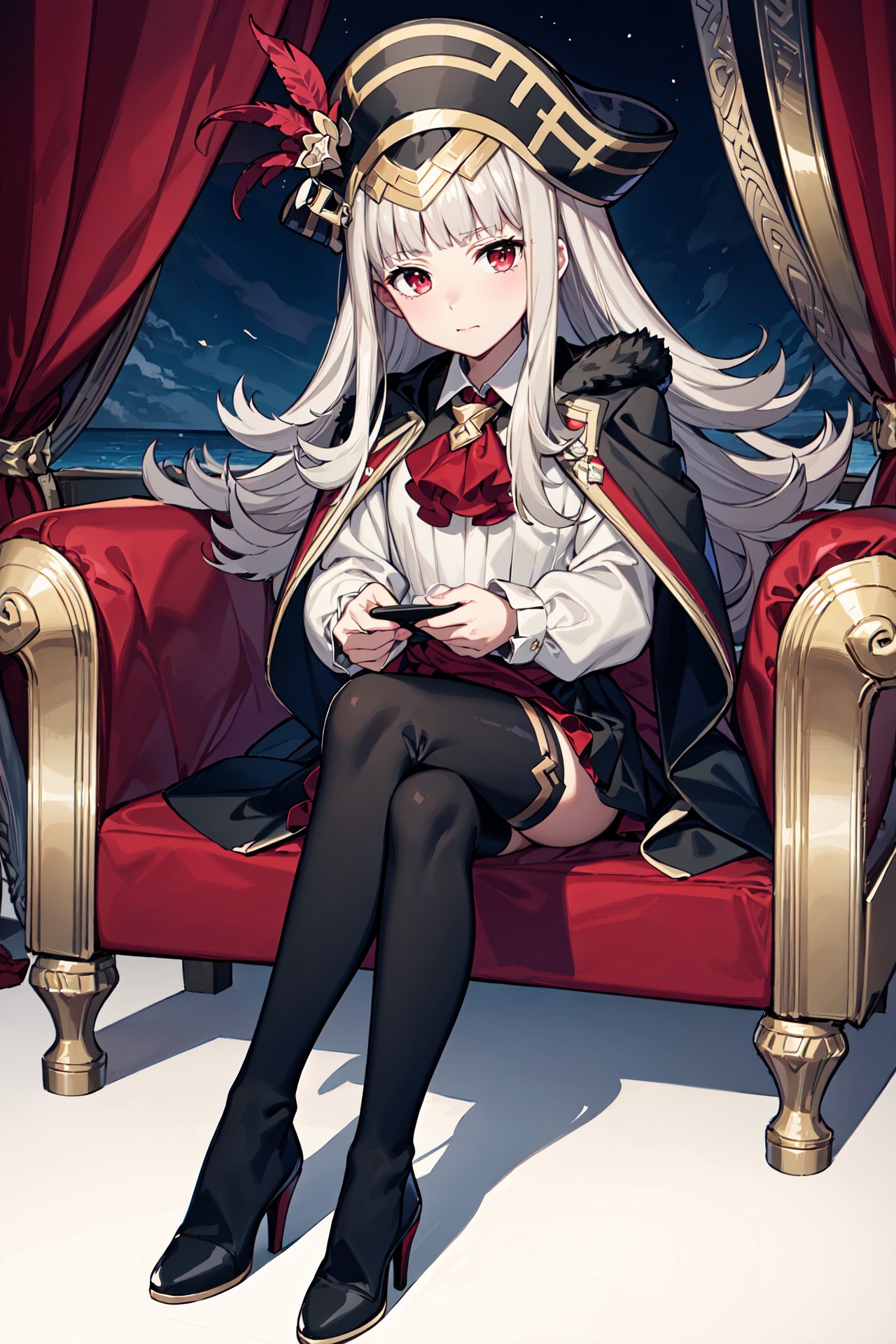 crossed legs,couple sitting,<lora:veronicaV2:0.9>,pir_veronica,wind,white long sleeves, ascot,closed mouth, thigh boots, thighhighs, pantyhose,coat on shoulders, black footwear, skirt, high heel boots, sash, dress, black skirt, cape,feathers,gold trim,coat,on ship deck,sea,(masterpiece, best quality, ultra-detailed, best shadow)