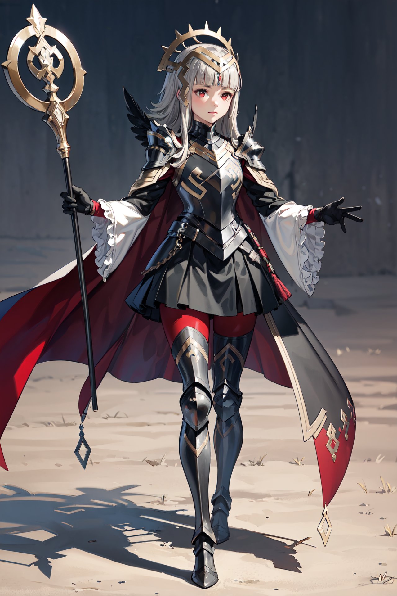 holding staff,<lora:veronicaV2:0.85>,bra_veronica, armor,black armor, feathers,cape, closed mouth, black gloves,  shoulder armor, breastplate, high heels, armored boots, black long sleeves, feather trim, white wide sleeves, gauntlets, , black dress, thighhighs, red pantyhose, greaves, black skirt, outdoors,(masterpiece, best quality, ultra-detailed, best shadow)