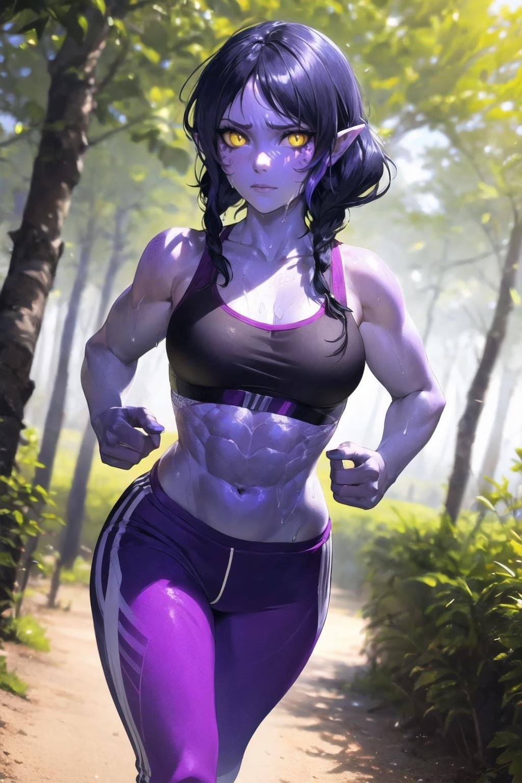 (best quality), 1girl, solo, Shyvana, dragon girl, facial mark, pointy ears, yellow eyes, colored sclera, slit pupils, colored skin, (purple skin:1.2), twin braids, low ponytail, long hair, black hair, <lora:Shyvana_V1-Manityro-dadapt:1.0>, toned, (abs:1.1), looking at viewer, outdoors, park, forest, exercise, running, sports bra, jogging pants, sweat, sweatdrop, closed mouth, 