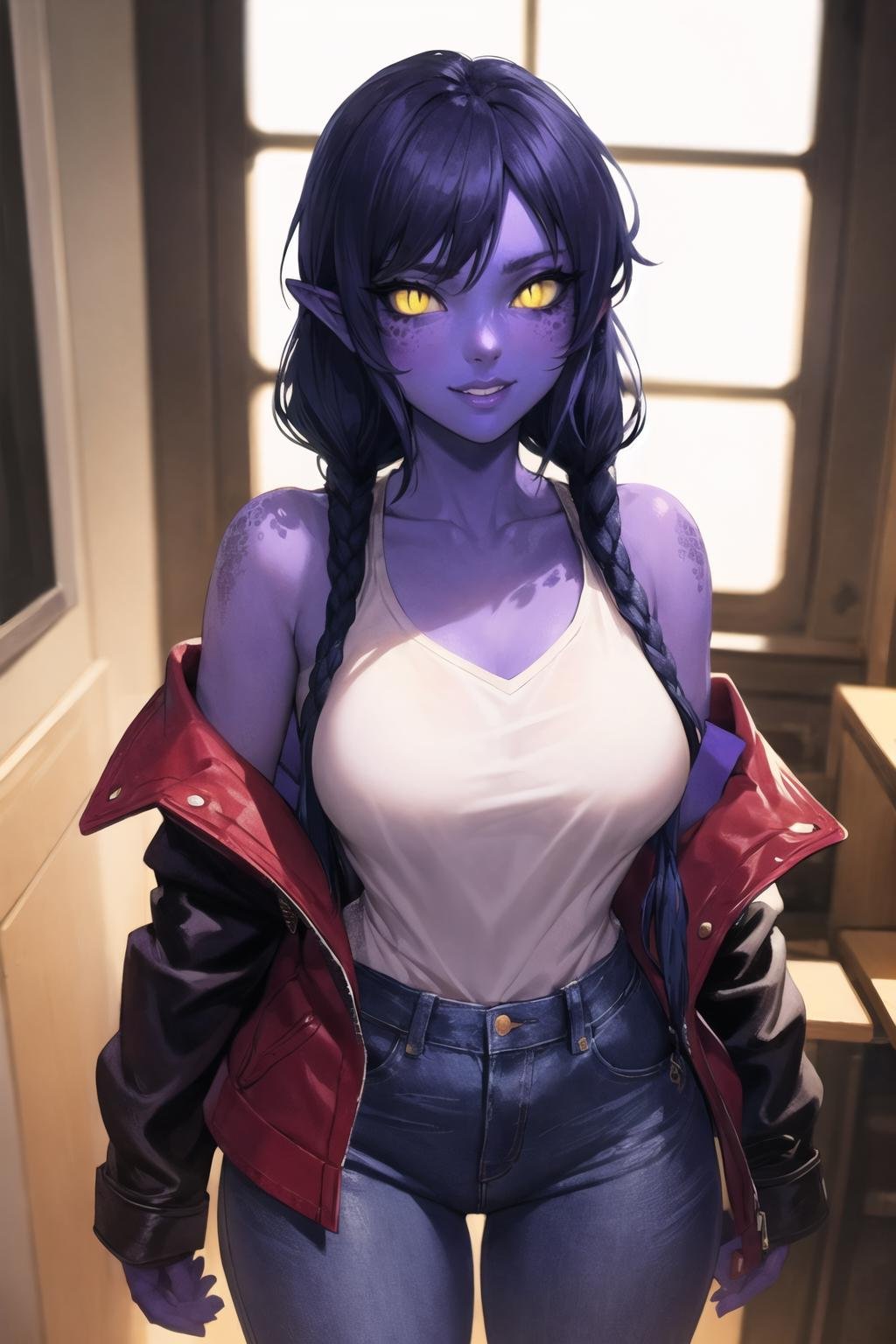 (best quality), 1girl, solo, Shyvana, dragon girl, facial mark, pointy ears, yellow eyes, colored sclera, slit pupils, colored skin, (purple skin:1.2), twin braids, low ponytail, long hair, black hair, <lora:Shyvana_V1-Manityro-dadapt:1.0>, toned, looking at viewer, smile, indoors, leather jacket, off-shoulder jacket, white shirt, tank top, jeans