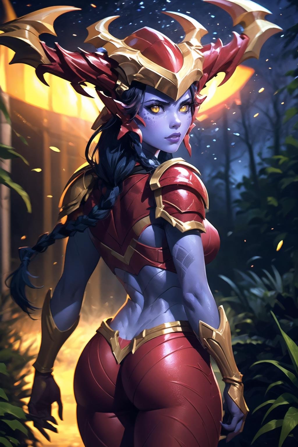 (best quality), 1girl, solo, Shyvana, dragon girl, facial mark, pointy ears, yellow eyes, colored sclera, slit pupils, colored skin, (purple skin:1.2), twin braids, low ponytail, braided ponytail, long hair, black hair, <lora:Shyvana_V1-Manityro-dadapt:1.0>, toned, abs, looking at viewer, serious, outdoors, (forest:1.1), dark, evening, starry sky, Shyarmor, dragon horns, helmet, shoulder armor, breastplate, midriff, hip armor, red leggings, from behind