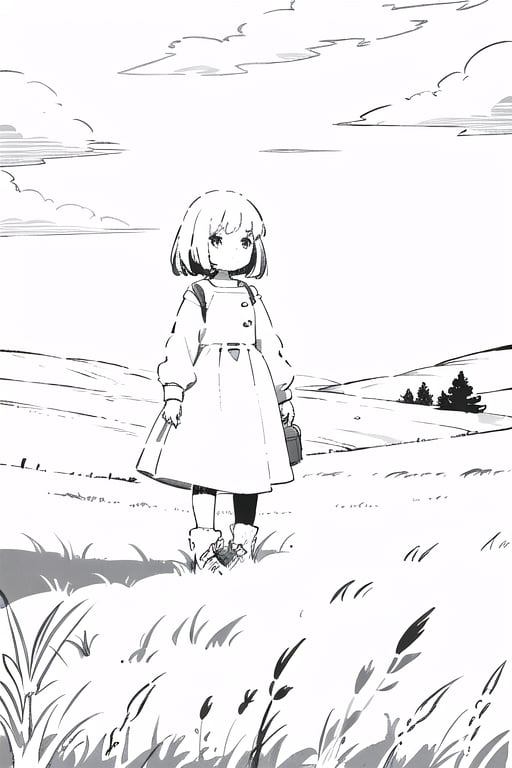  girl standing in a grass field, lineart,monochome,lineart