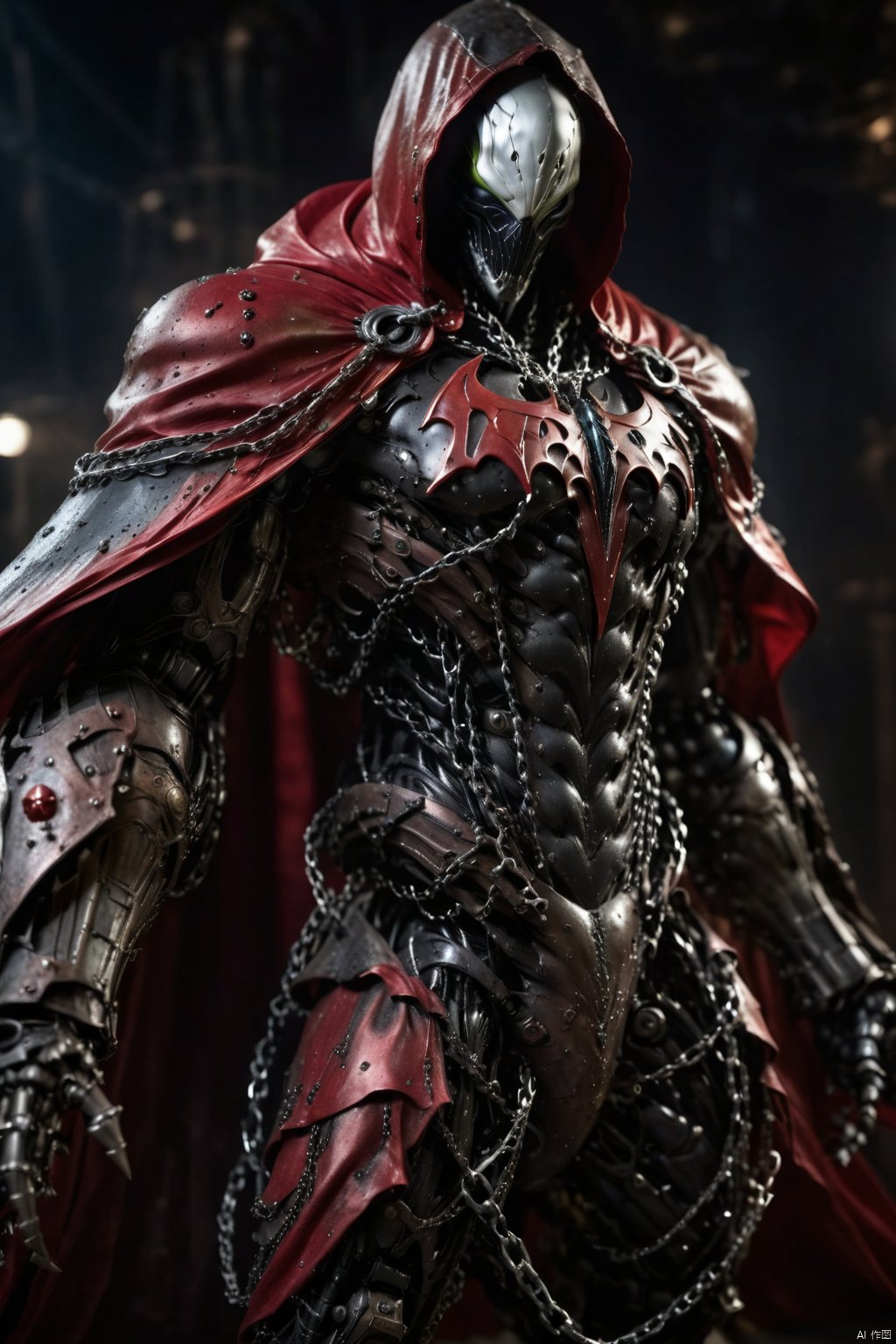 a photograph of spawn, balanced composition, made of black goo, (weathered patina:1.2), black costume, animated red cape made of liquid, "M" on chest, chains, moody lighting, cinematic, complex robot, biomechanical, hyper detailed   comprobo, Cyborg