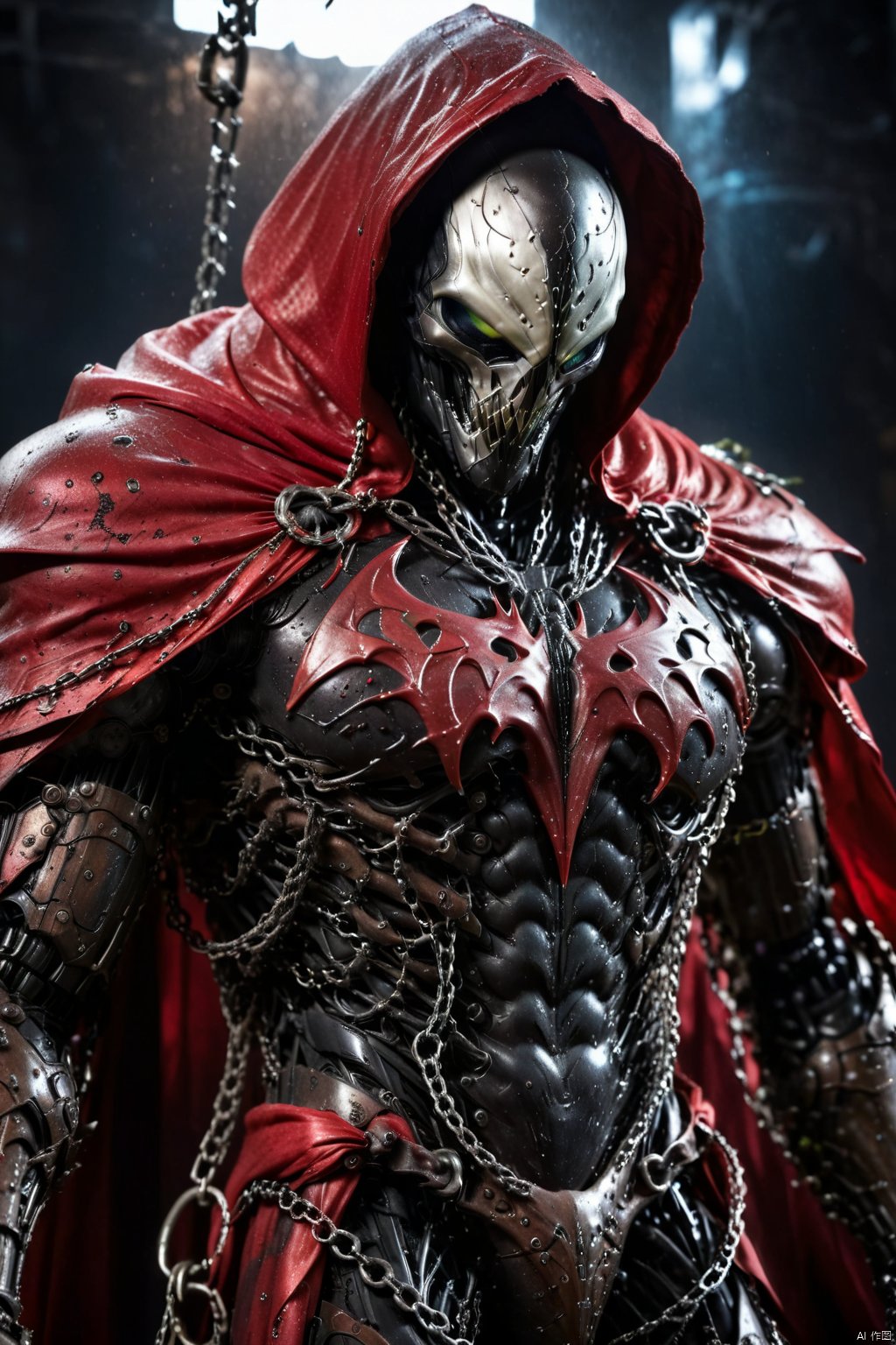 a photograph of spawn, balanced composition, made of black goo, (weathered patina:1.2), black costume, animated red cape made of liquid, "M" on chest, chains, moody lighting, cinematic, complex robot, biomechanical, hyper detailed   comprobo, Cyborg