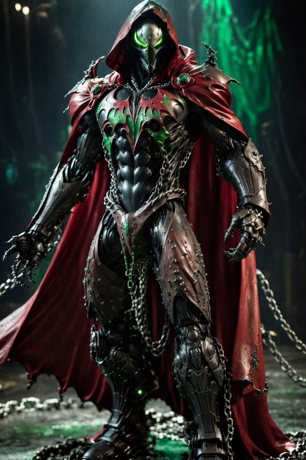 a photograph of spawn, balanced composition, made of black goo, (weathered patina:1.2), black costume, animated red cape made of liquid, "S" on chest, chains, moody lighting, cinematic, complex robot, biomechanical, hyper detailed   comprobo, green Cyborg