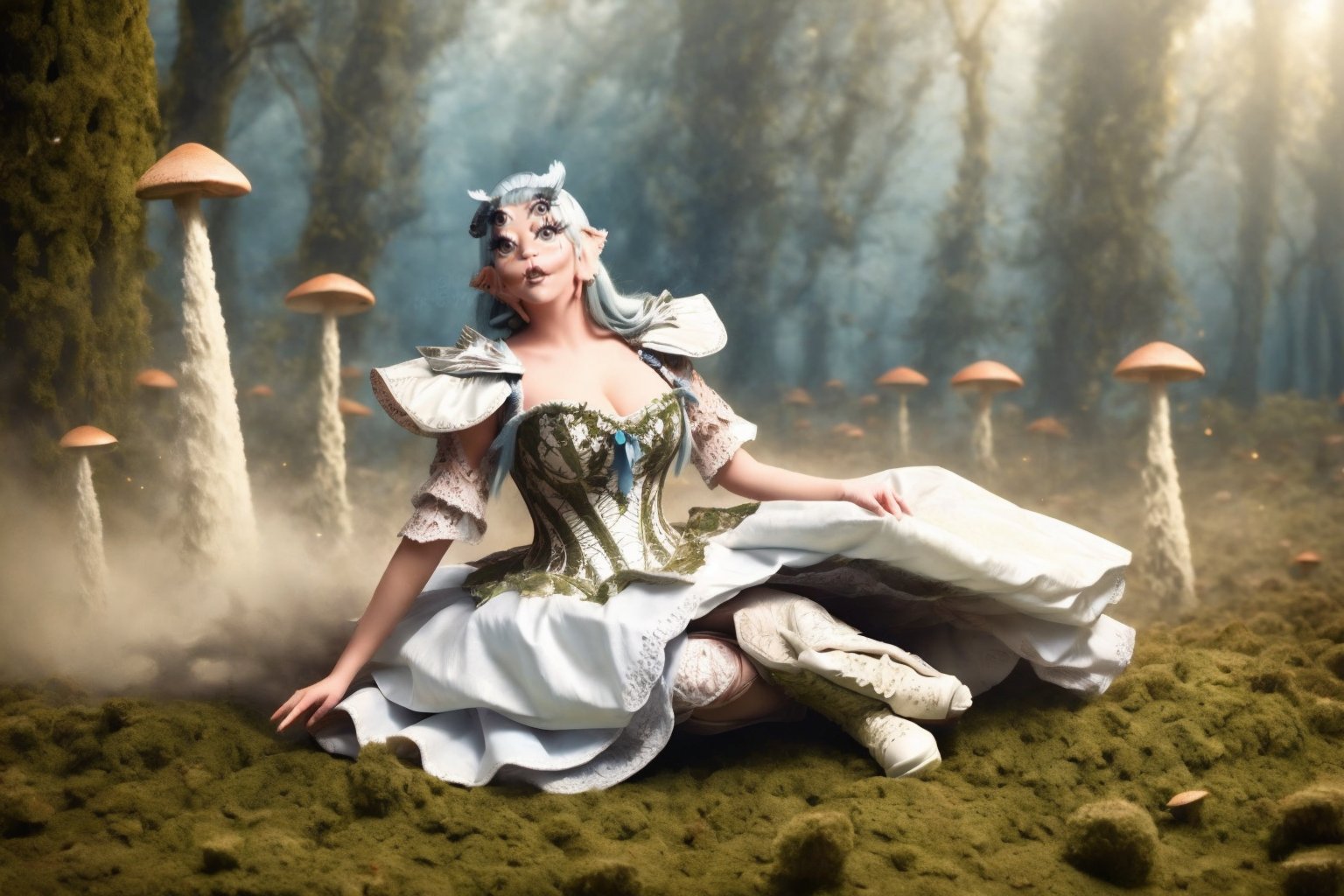 a woman whit four eyes,  white boots,  white corset,  light blue loose skirt,  plant shoulder pads,  in a dusty forest,  dust,  powder,  wind,  light blue hair,  posing,<lora:EMS-262891-EMS:1.000000>