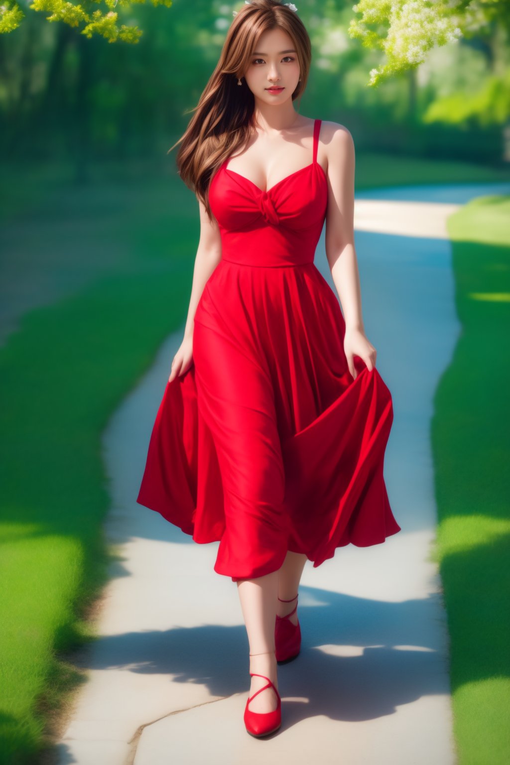 village girl dressed as maid, light golden-brown hairs,smily face, housemaid, walking on the flower park, red dress, attractive, flirting, looking at viewer, portrait, photography, detailed skin, realistic, photo-realistic, 8k, highly detailed, full length frame, High detail RAW color art, diffused soft lighting, shallow depth of field, sharp focus, hyperrealism, cinematic lighting,photorealistic,1 girl