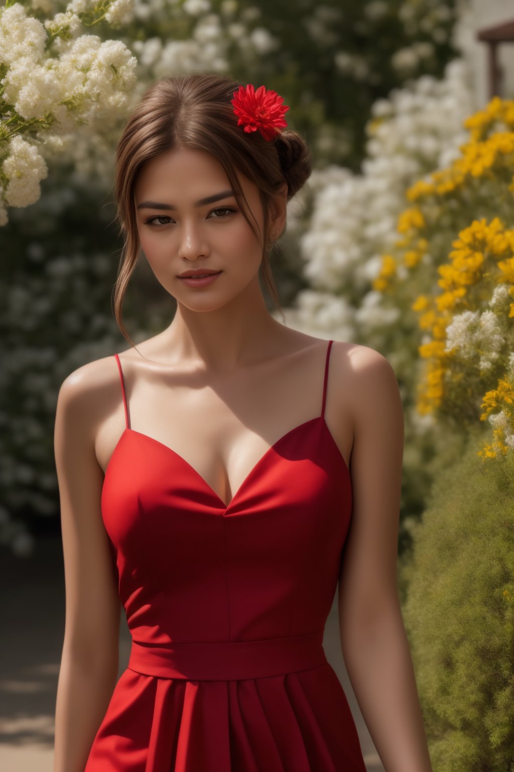 village girl dressed as maid, light golden-brown hairs,smily face, housemaid, walking on the flower park, red indian dress, attractive, flirting, looking at viewer, portrait, photography, detailed skin, realistic, photo-realistic, 8k, highly detailed, full length frame, High detail RAW color art, diffused soft lighting, shallow depth of field, sharp focus, hyperrealism, cinematic lighting,photorealistic